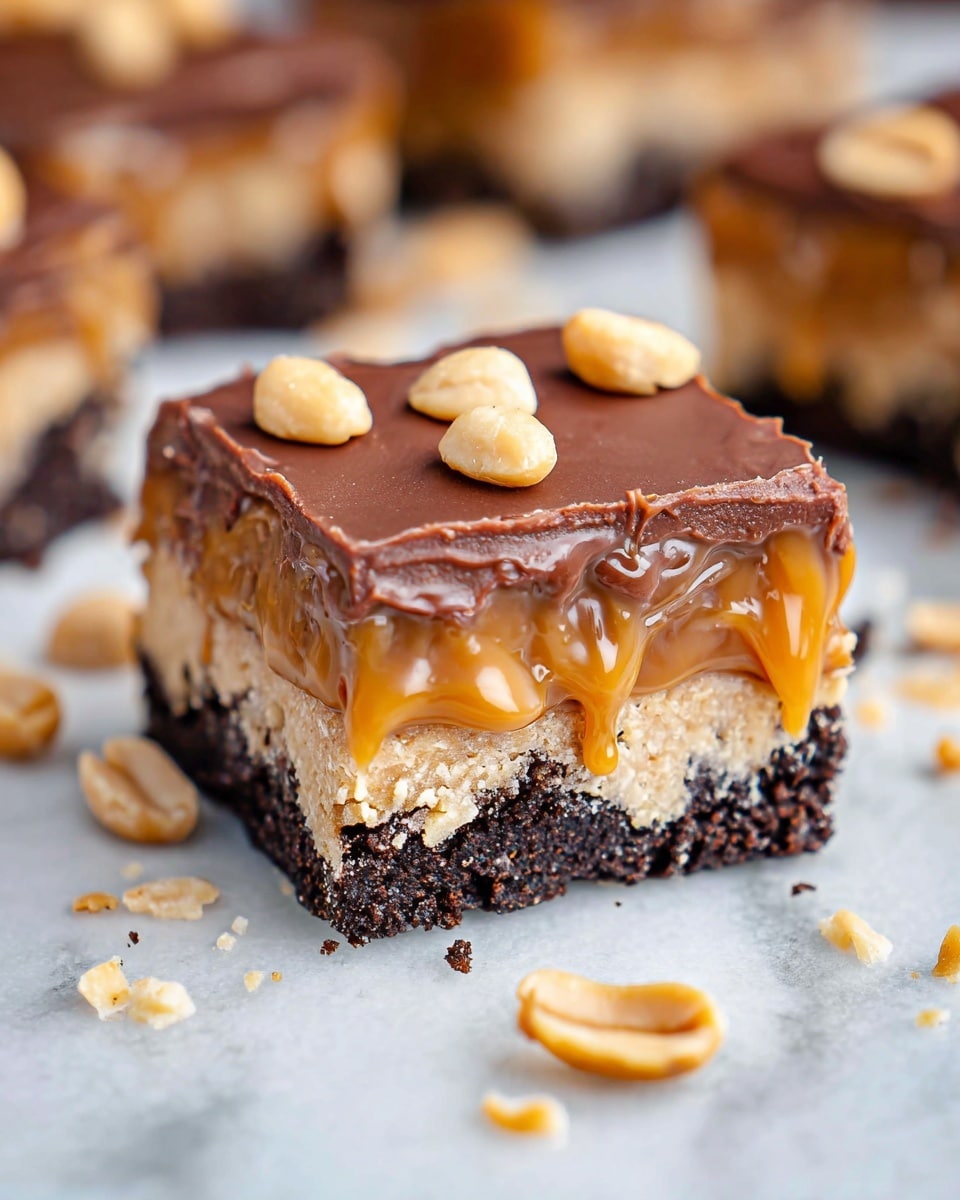 The image shows a square chocolate peanut bar with four visible layers. The bottom layer is a dark brown, crumbly base that looks like crushed cookies. Above that is a beige layer filled with small peanut bits, which adds a rough texture. The third layer is a sticky, golden caramel with whole peanuts embedded in it, dripping slightly down the sides. The top layer is smooth, thick chocolate spread evenly, topped with three whole peanuts in the center. The bar is placed on a white marbled surface with scattered peanuts around it. Photo taken with an iphone --ar 4:5 --v 7