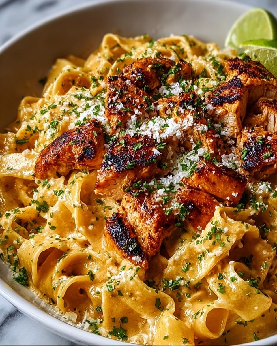 A close-up of a bowl filled with creamy pasta and grilled chicken pieces, showing wide, flat pasta noodles coated in a rich, light yellow sauce with a smooth texture, layered at the bottom. On top, there are several pieces of browned, slightly charred grilled chicken with a crispy surface, sprinkled with finely chopped green herbs and white grated cheese. A wedge of lime sits at the corner of the bowl. The bowl is white and placed on a white marbled surface. Photo taken with an iphone --ar 4:5 --v 7