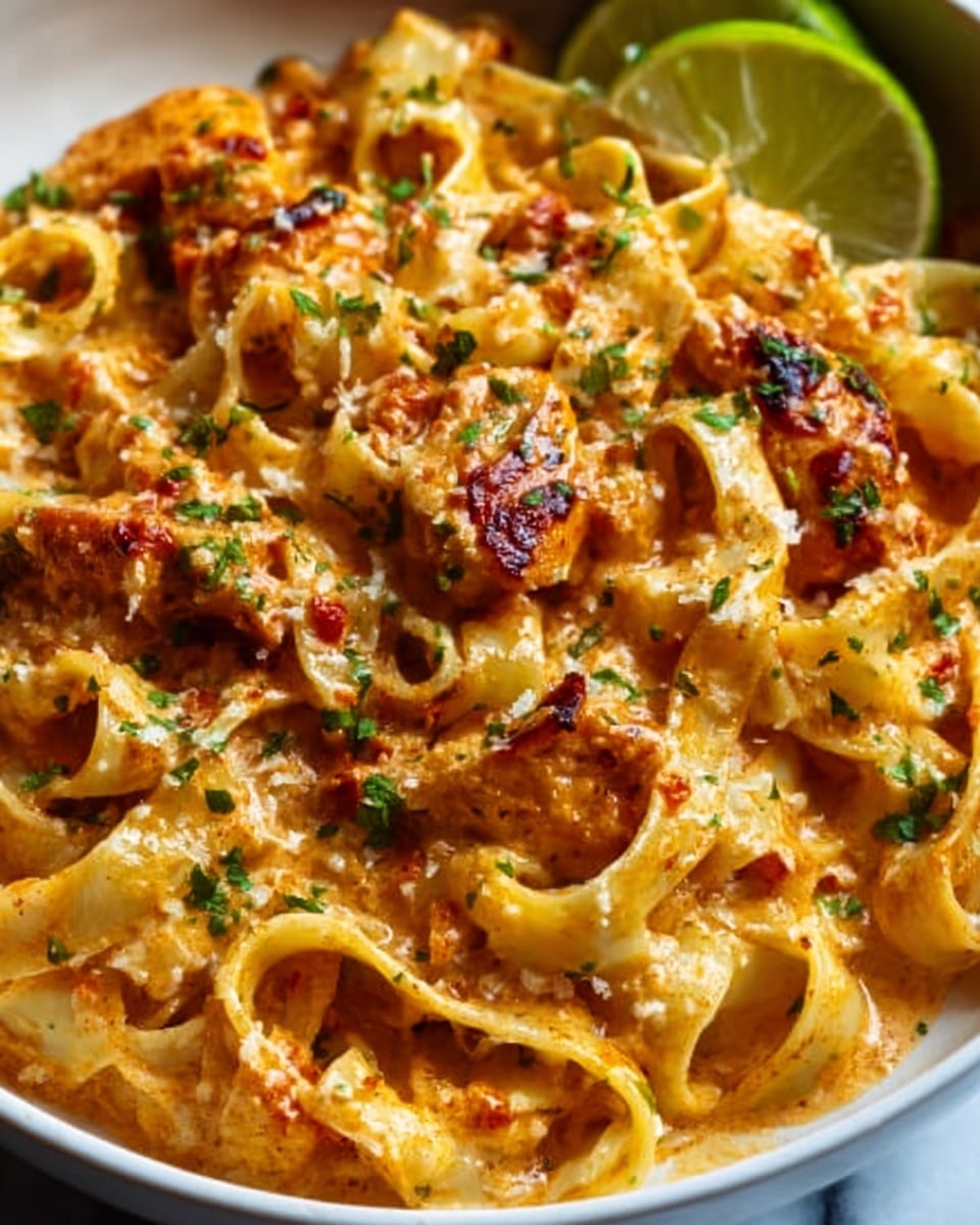 A close-up view of creamy pasta in a white bowl on a white marbled surface. The dish has wide, flat pasta noodles coated in a rich, orange-colored creamy sauce with some browned spots from cooking. Small bits of green herbs are sprinkled evenly on top, adding contrast to the warm colors of the sauce and pasta. In the background, a slice of lime is partially visible, adding a fresh touch. The textures of the noodles look soft and smooth, while the sauce appears thick and luscious. Photo taken with an iphone --ar 4:5 --v 7