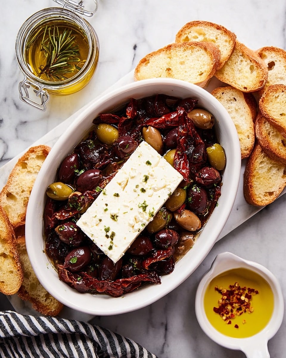 A white shallow bowl filled with a block of baked cheese topped with green herbs and a crisp, browned crust, surrounded by a mix of green and dark purple olives, thin slices of garlic, and sun-dried tomato pieces all soaked in golden olive oil. Around the bowl, there are several slices of toasted bread with a golden crust and soft, airy inside. A spoon rests on the right side inside the bowl, partially submerged among the olives and oil, all set on a white marbled surface with a few scattered green herb bits. Photo taken with an iphone --ar 4:5 --v 7