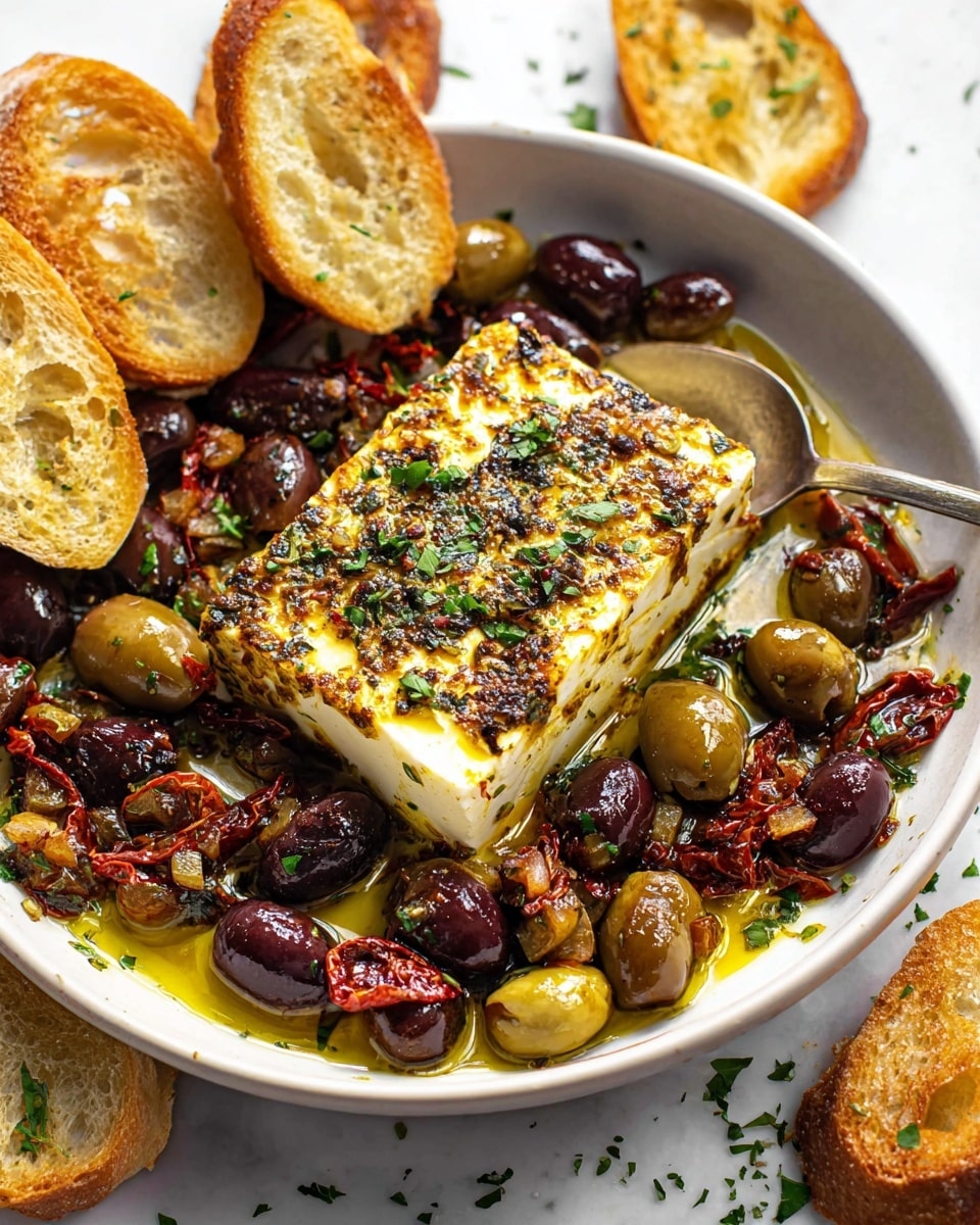 An oval white dish holds a mix of dark purple and green olives with dark red sun-dried tomatoes spread evenly as the first layer. On top of this sits a large rectangular block of white feta cheese with small holes and a crumbly texture. Around the dish are toasted golden brown slices of bread with slightly crisp edges, and to the top left, a glass jar filled with herbal oil with visible rosemary sprigs floats beside a striped black and white cloth. To the right, a small white measuring cup contains golden olive oil with red pepper flakes floating inside. The whole setting is on a white marbled surface. photo taken with an iphone --ar 4:5 --v 7