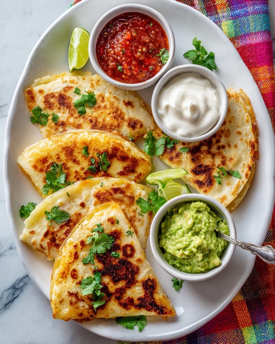 The image shows a large white oval plate with five golden brown quesadilla wedges arranged around the edges. Each quesadilla has a slightly crispy texture with darker brown spots on the surface. Bright green lime wedges and fresh cilantro leaves are placed between and on top of the quesadillas for garnish. In the center of the plate, there are three small white bowls; one holds bright red chunky salsa, another has smooth white sour cream, and the last contains creamy green guacamole with a spoon resting inside. The plate is set on a white marbled surface with a colorful plaid cloth partially visible at the bottom. Photo taken with an iphone --ar 4:5 --v 7