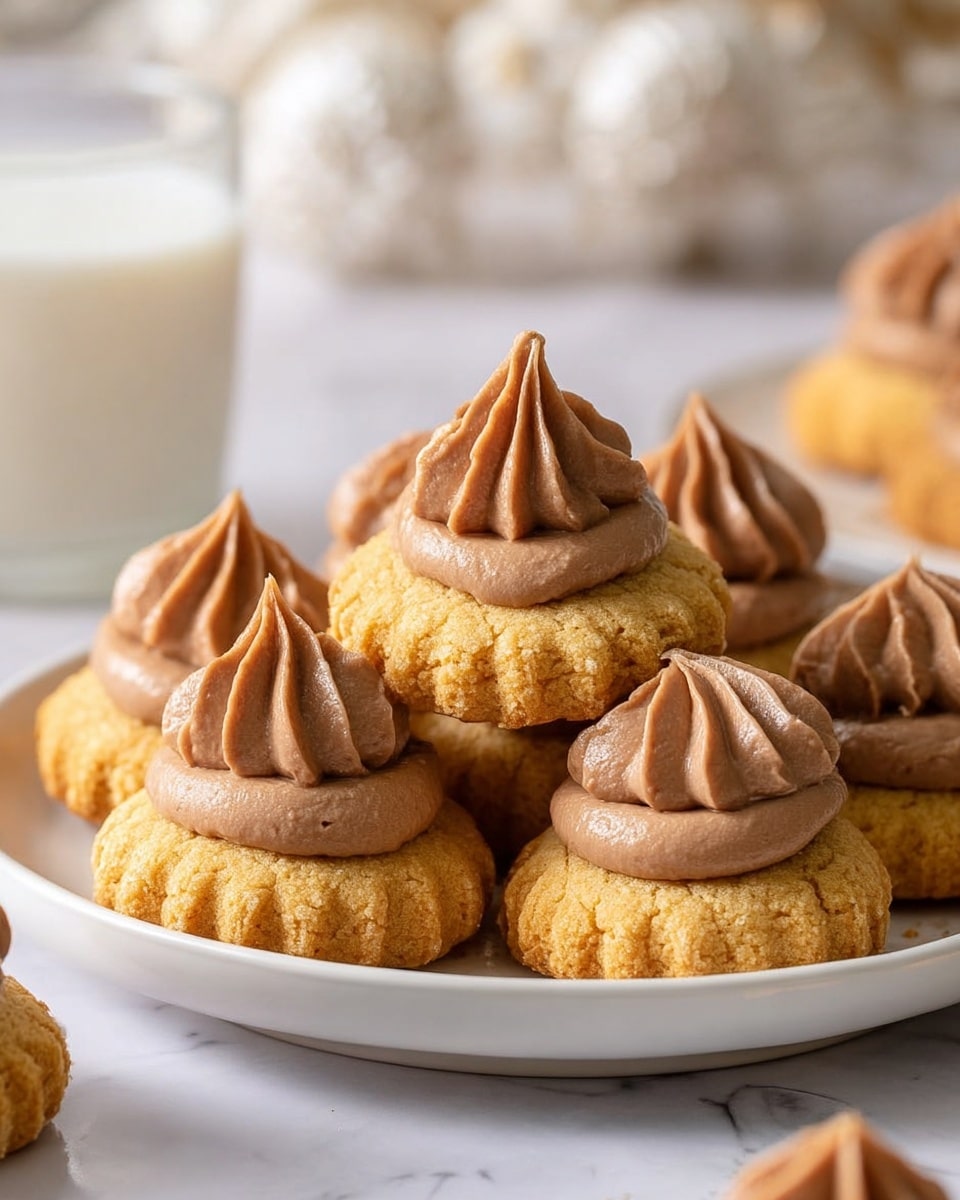 The image shows a white plate filled with two-layer cookies. The bottom and top layers are golden brown with a ridged, round shape that looks soft and crumbly. Between the two cookie layers, a thick brown cream is spread. On top of each cookie, there is a dollop of glossy, smooth brown frosting shaped like a small swirl. The plate sits on a white marbled surface, and the background includes out-of-focus white decorative items and a glass of milk. photo taken with an iphone --ar 4:5 --v 7