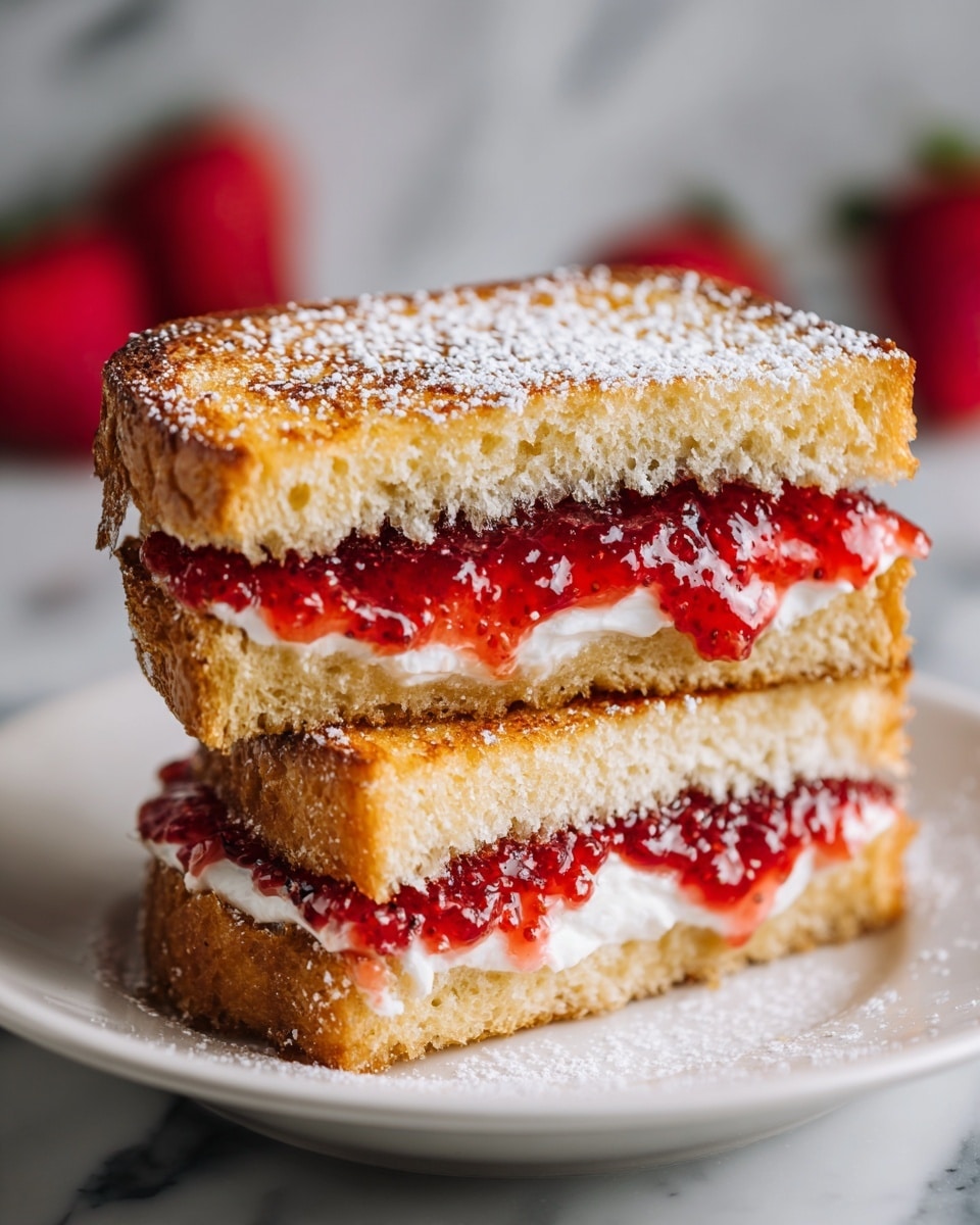 Two sandwich halves stacked on a white plate with powdered sugar dusted over the top bread layer. Each sandwich has three visible layers: the top and bottom layers are golden brown toasted bread with a slightly crispy texture, the middle layer contains a bright red strawberry jam with a glossy, slightly chunky texture, and a creamy white spread beneath the jam that looks smooth and soft. The background includes out-of-focus red strawberries and a white marbled texture surface. photo taken with an iphone --ar 4:5 --v 7