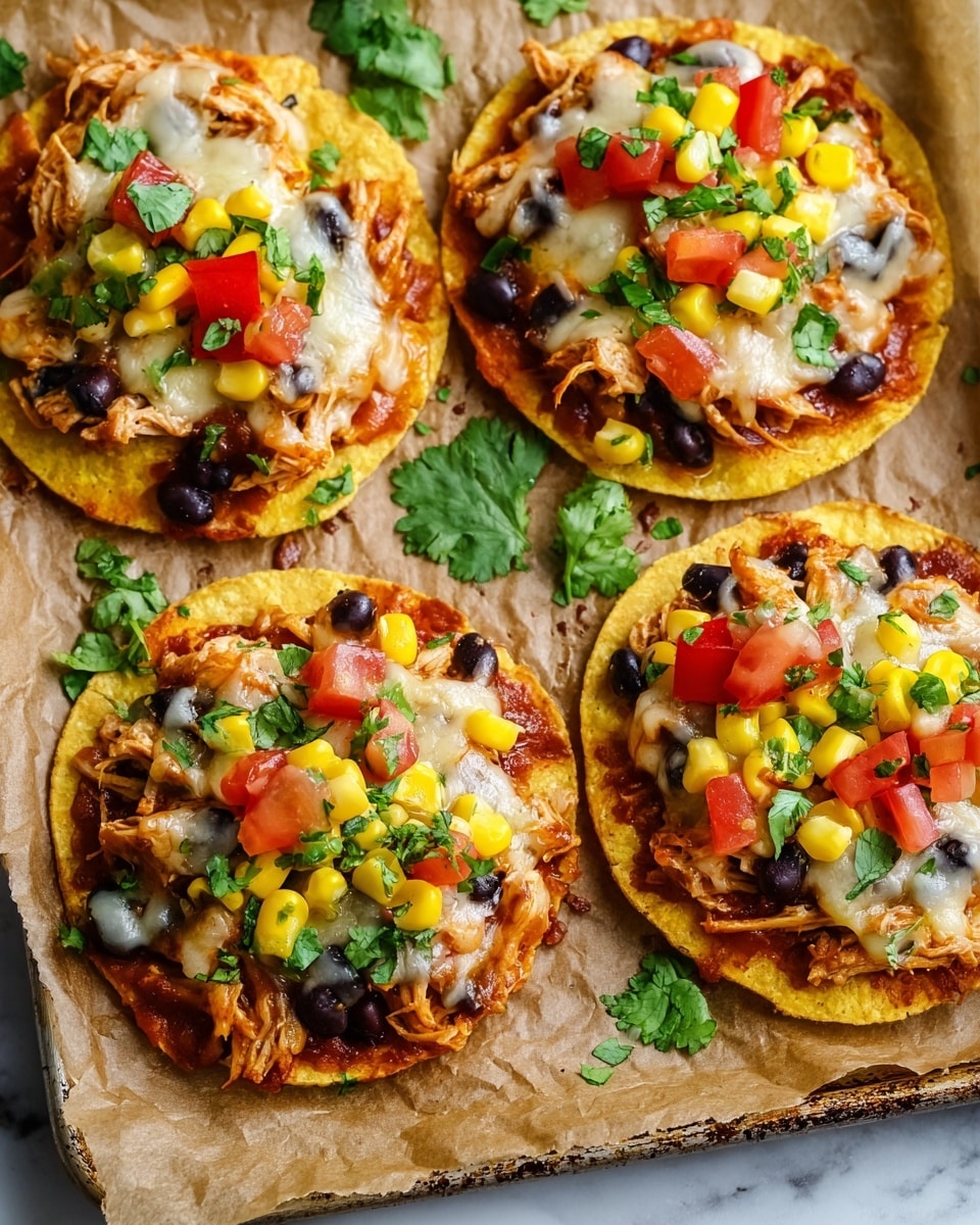 Four small round tostadas are arranged on brown paper over a baking tray, set against a white marbled background. Each tostada has layers starting with a crispy yellow corn tortilla base, followed by shredded cooked chicken mixed with black beans. On top, there is melted light yellow cheese, bright yellow corn kernels, diced red tomatoes, and green cilantro leaves scattered over for garnish. The colors are vibrant, showing a mix of textures from crunchy to soft, with fresh herbs adding a touch of green. Photo taken with an iphone --ar 4:5 --v 7