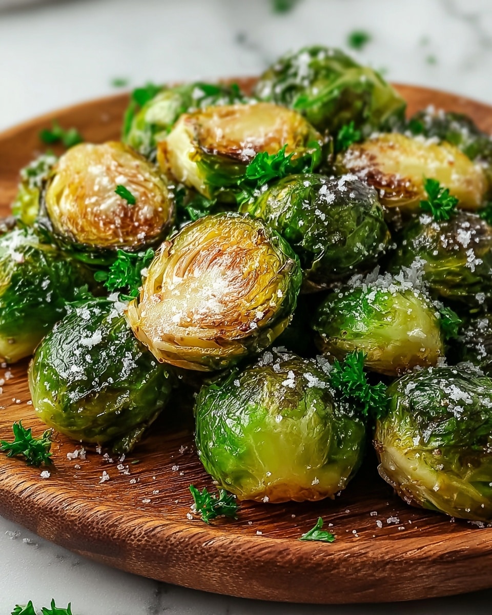The image shows a close-up of roasted Brussels sprouts on a round wooden board. There are about two layers of Brussels sprouts, some whole with bright green shiny outer leaves and others cut in half revealing golden-brown, caramelized inner layers with a slight crispy texture. The sprouts are sprinkled with coarse white salt flakes and small pieces of fresh green parsley scattered on top. The board is placed on a white marbled textured surface. photo taken with an iphone --ar 4:5 --v 7