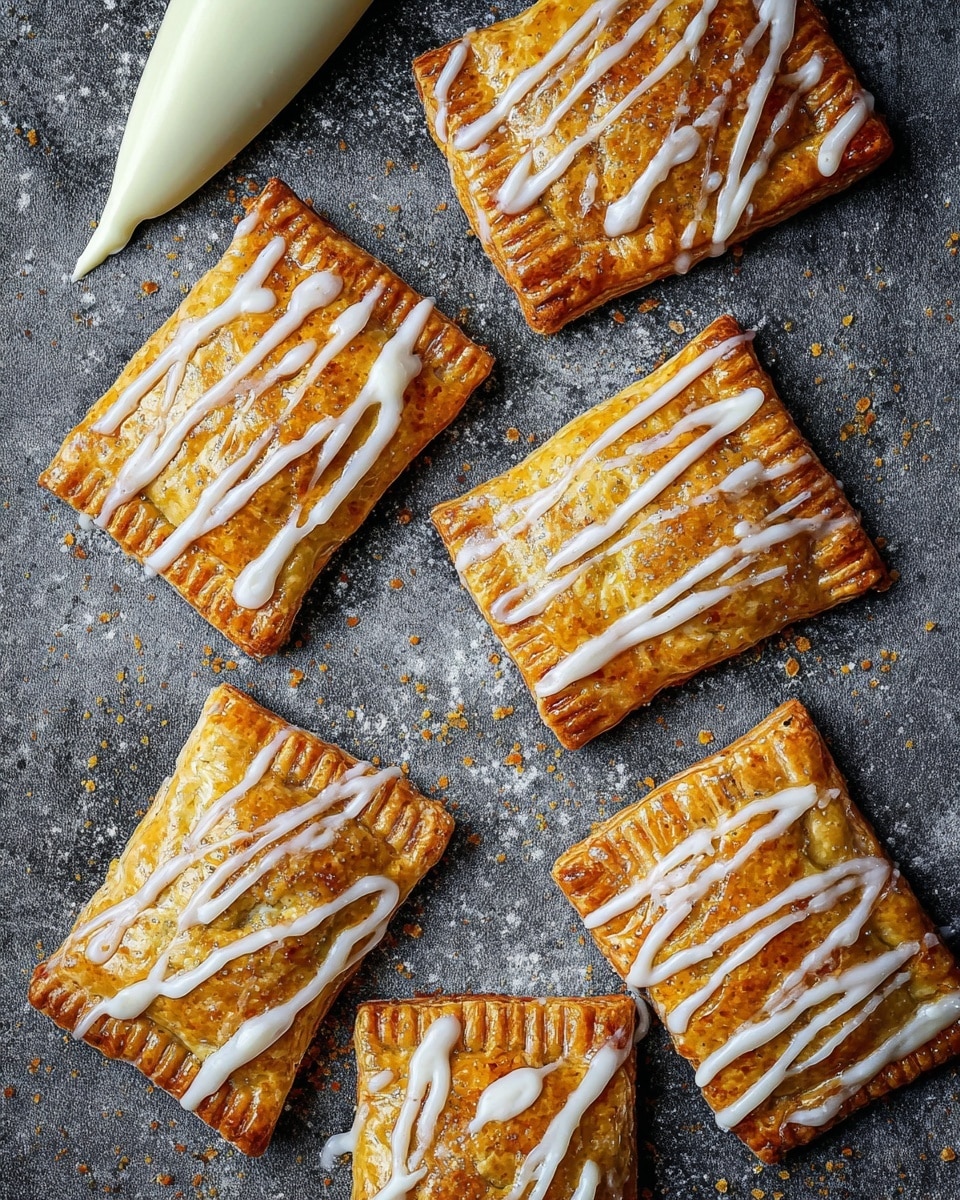 The image shows seven rectangular and square golden-brown pastries with a crispy texture, each drizzled with shiny white icing in a zigzag pattern on top. The pastries are placed directly on a dark gray textured surface with some sprinkled crumbs around. A white piping bag filled with icing is placed in the top left corner, partially visible. The pastries have a slightly puffed and flaky appearance, with edges that show fork marks for sealing. photo taken with an iphone --ar 4:5 --v 7