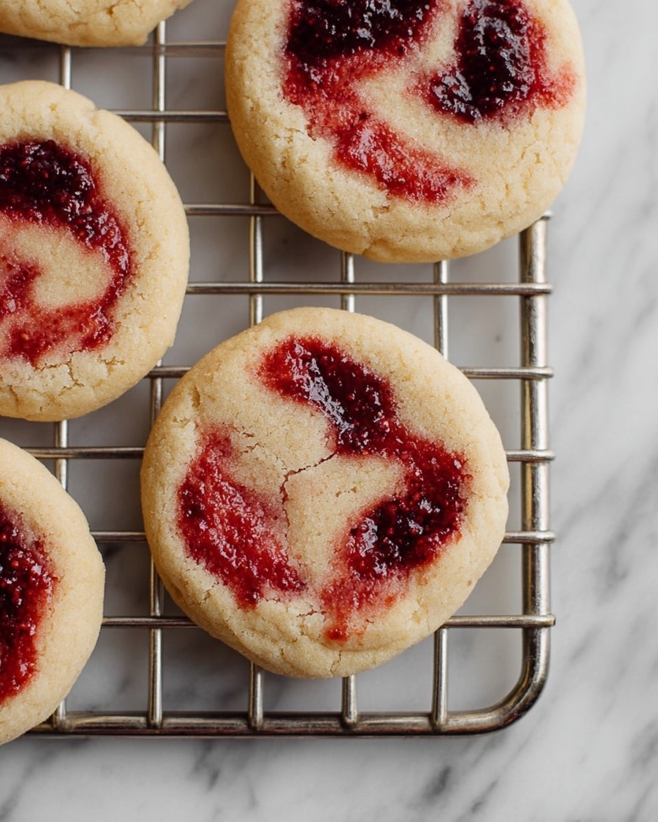 The image shows soft, round cookies with a light beige dough base, each cookie about one layer thick. Swirled within the dough are bright red and dark berry-like jam spots that spread unevenly across the tops, creating a marbled texture that contrasts with the smooth cookie surface. The cookies are placed on a silver cooling rack with thin metal bars underneath, set against a white marbled surface that adds a clean, crisp background. The jams have a glossy, slightly sticky look, pooling in some areas but mostly embedded in the dough. photo taken with an iphone --ar 4:5 --v 7