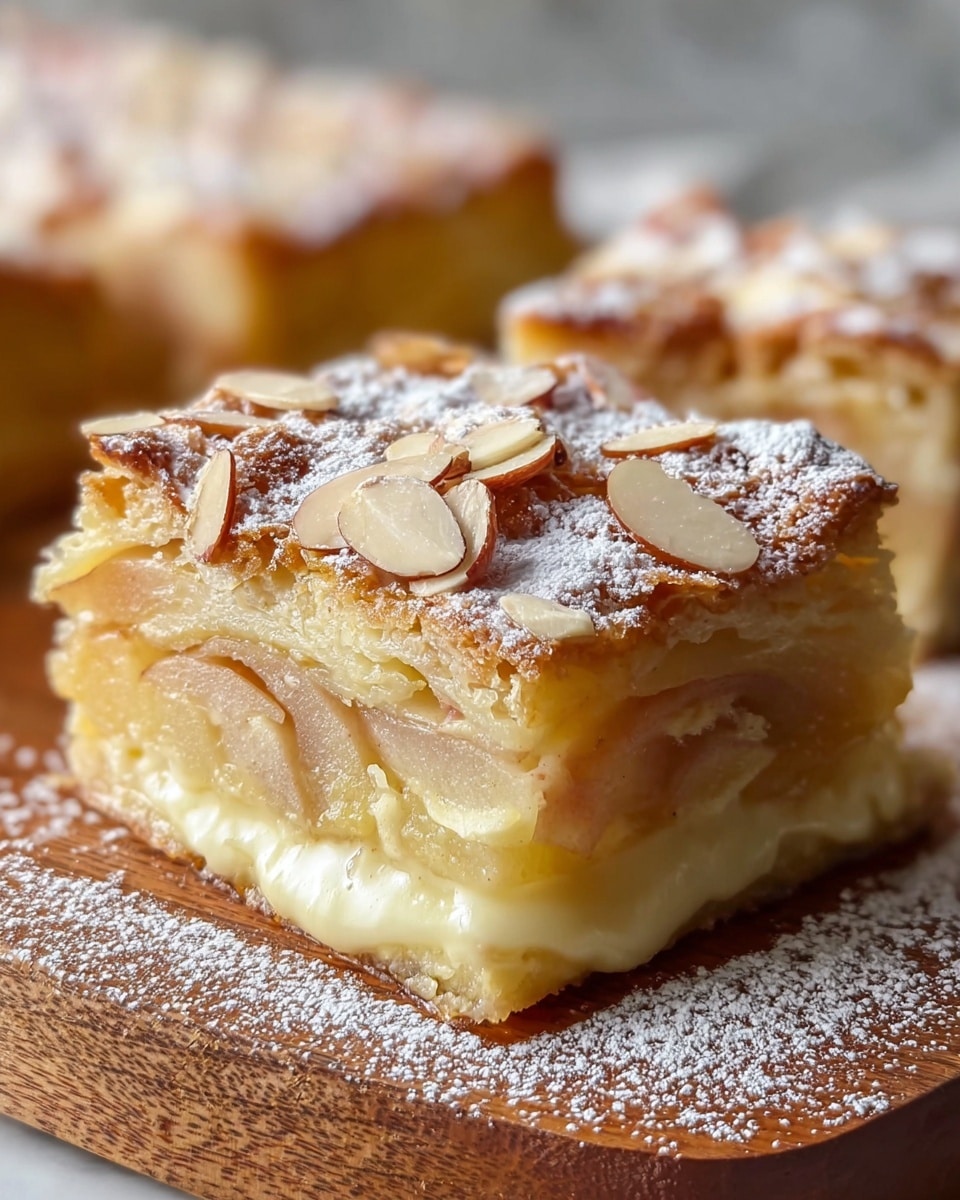 A close-up of a square slice of layered apple cake resting on a wooden board with powdered sugar scattered around. The cake has several thin layers of pale yellow apple slices visible from the side, stacked closely together. On top, a golden-brown baked crust is sprinkled generously with sliced almonds and dusted with white powdered sugar. A creamy filling slightly oozes out from the bottom side, adding a soft texture contrast. The background is softly blurred, showing more cake pieces. The image has warm lighting with a white marbled texture surface underneath. photo taken with an iphone --ar 4:5 --v 7