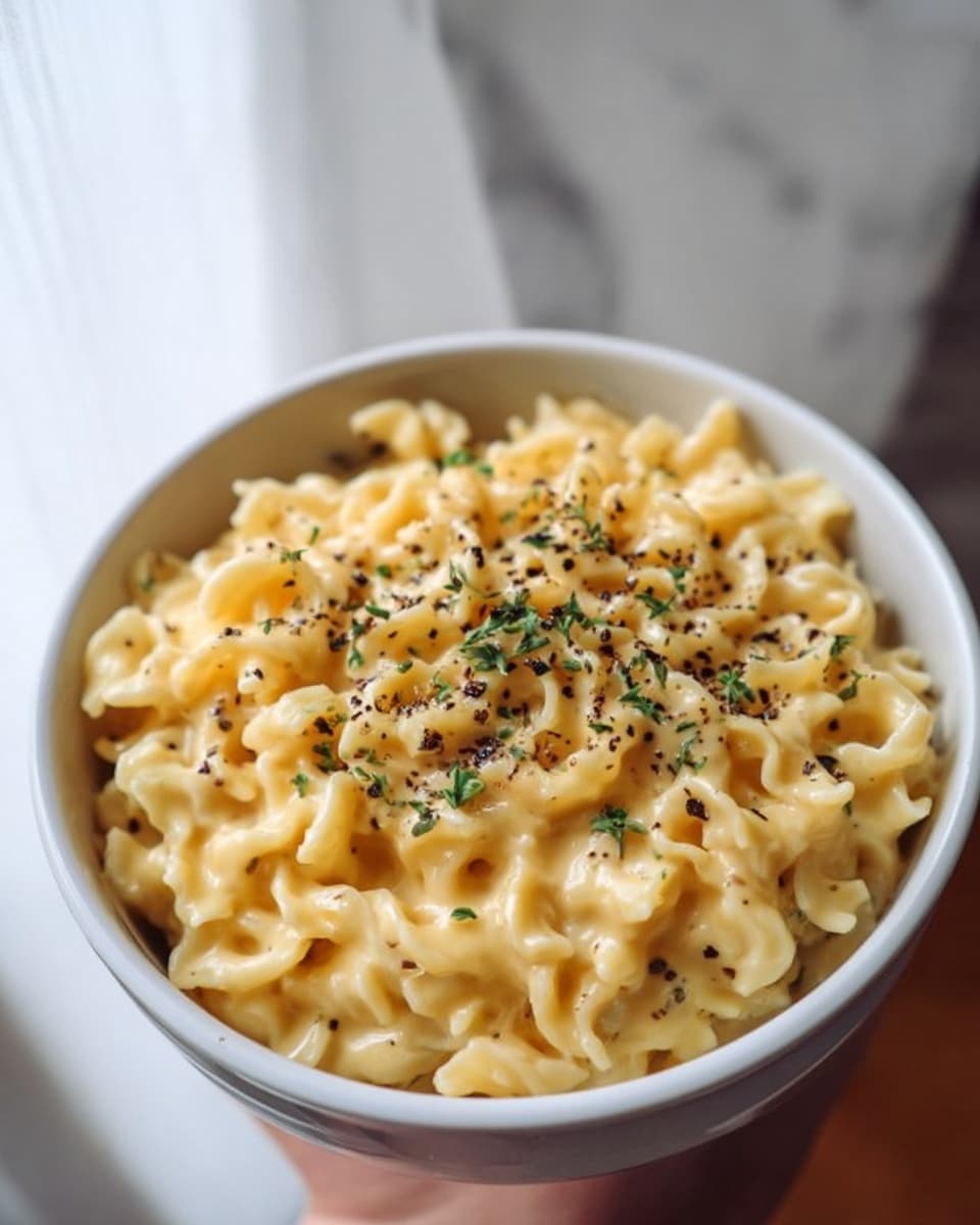 A white bowl filled with creamy macaroni and cheese, the pasta noodles are thick and curly, covered in a smooth, yellow cheese sauce. On top of the macaroni, there is a thin layer of finely chopped green herbs and small black pepper flakes sprinkled evenly, adding color and texture. The bowl is held by a woman's hand at the side, against a softly blurred white marbled surface in the background. The overall look is warm and comforting, with a close-up view showing the glossy cheese and pasta details clearly. photo taken with an iphone --ar 4:5 --v 7