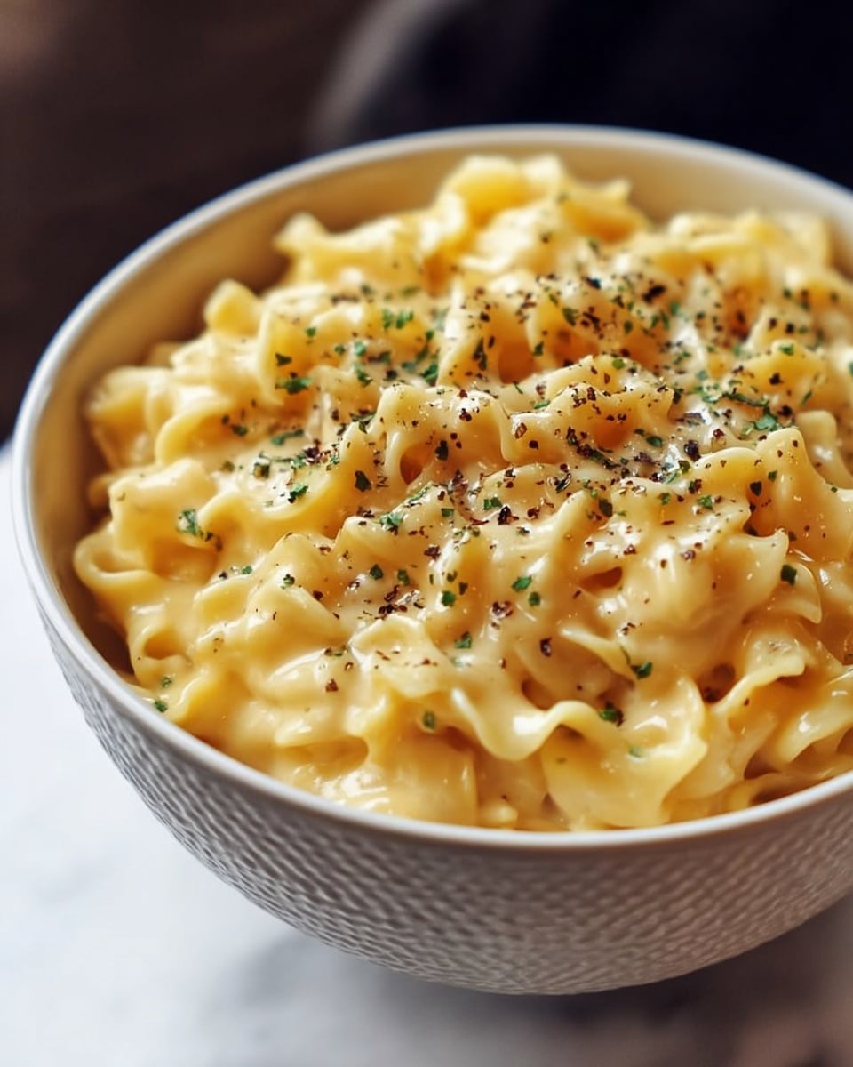 A close-up view of a bowl filled with creamy macaroni and cheese, showing two visible layers: the bottom layer is soft, golden yellow egg noodles, and the top layer is melted cheese sauce with a smooth, slightly glossy texture. The dish is sprinkled with small green herb flakes and ground black pepper for garnish. The food is served in a white bowl with a textured exterior resting on a white marbled surface. Photo taken with an iphone --ar 4:5 --v 7
