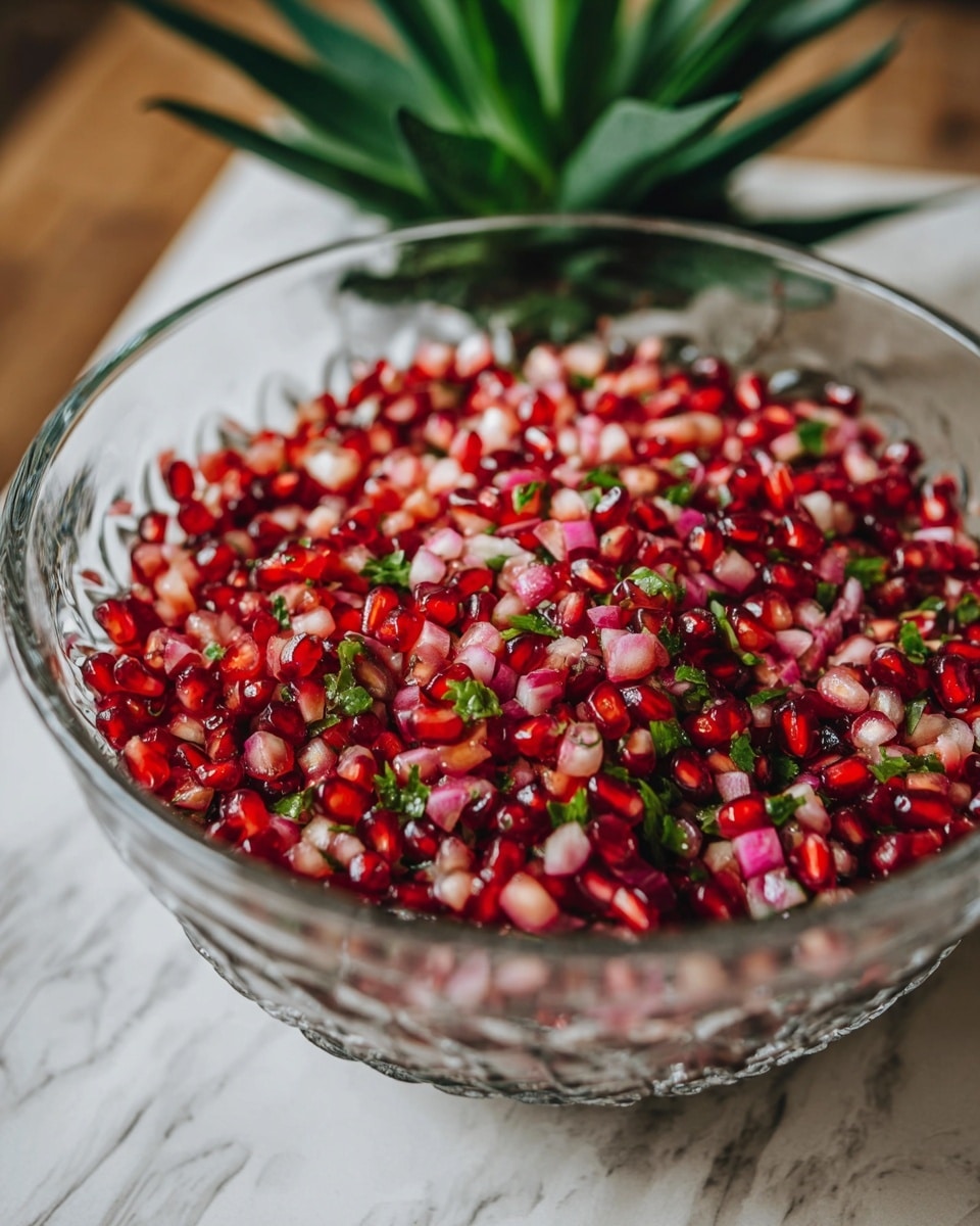 A clear glass dish filled to the top with a mixture of chopped red and pink pomegranate seeds and small green herbs, creating a colorful, textured layer that covers the entire surface. The dish sits on a white marbled texture, and a green plant with thick leaves is visible blurred in the background. The colors are bright and fresh, with the red and pink seeds contrasting against the green herbs. Photo taken with an iphone --ar 4:5 --v 7