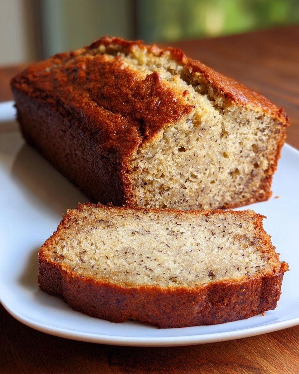 The image shows a loaf of banana bread with one thick slice cut and laid in front of it on a white plate. The banana bread has a rough, dark golden-brown crust with a split on top and a soft, moist inside that is light beige with small dark specks evenly spread throughout. The white plate is placed on a wooden table with blurred green and brown background. photo taken with an iphone --ar 4:5 --v 7