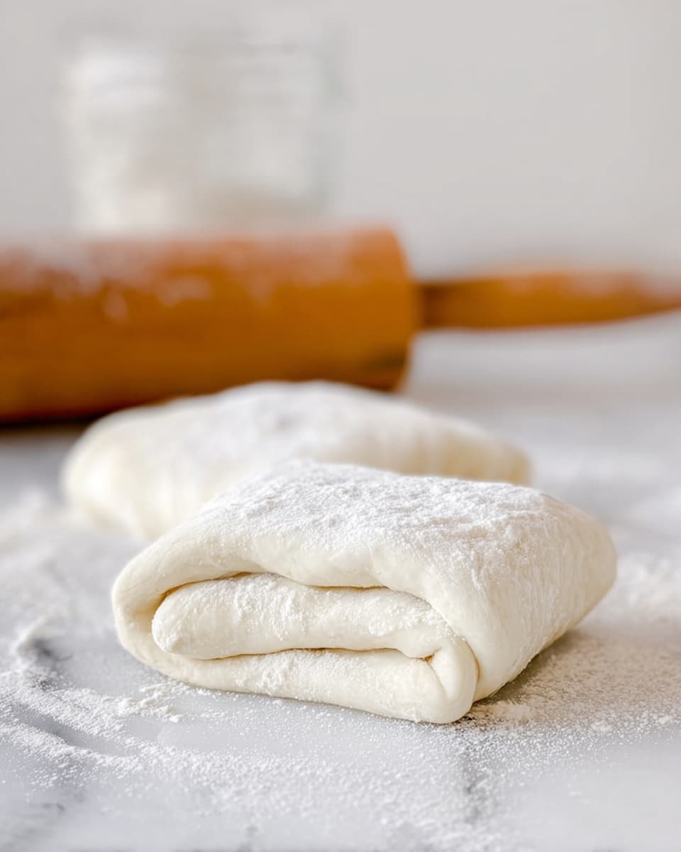 Two thick folds of dough are placed on a white marbled surface, each piece folded multiple times to create visible layers. The dough looks soft and slightly shiny with a light dusting of white flour on top and around it. In the background, a wooden rolling pin lies horizontally, slightly out of focus, with a glass jar also blurred behind it. The overall colors are light and neutral, highlighting the smooth texture of the dough. photo taken with an iphone --ar 4:5 --v 7