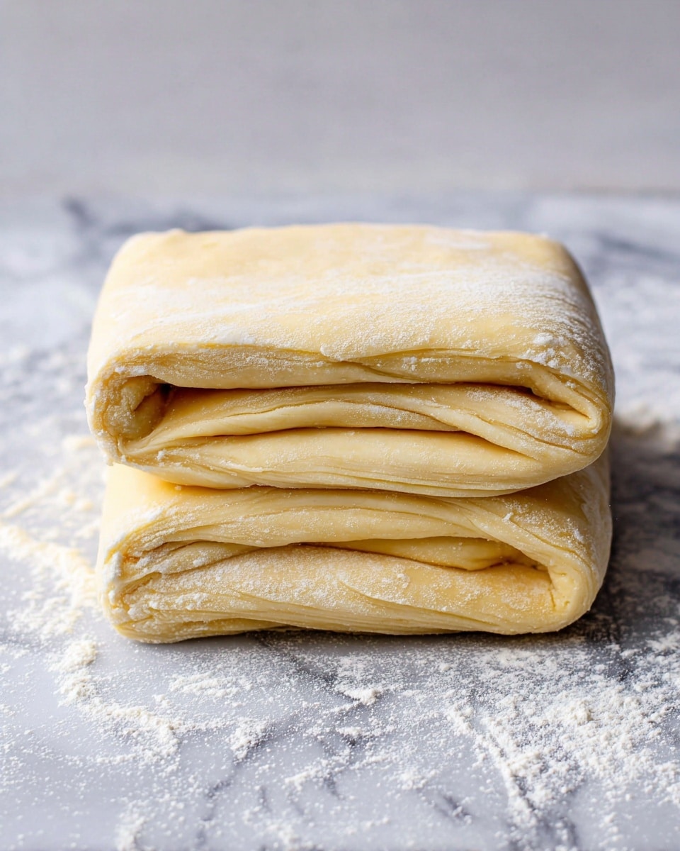 Two folded layers of pale yellow dough are stacked on top of each other on a white marbled surface dusted with white flour. The dough looks soft and slightly smooth with visible thin ridges and a few small holes along the edges. The top layer is folded into three parts, creating a rectangular shape with rounded corners, while the bottom layer is folded similarly but looks thicker and more compressed. The overall appearance shows the layered texture typical of puff pastry dough. photo taken with an iphone --ar 4:5 --v 7