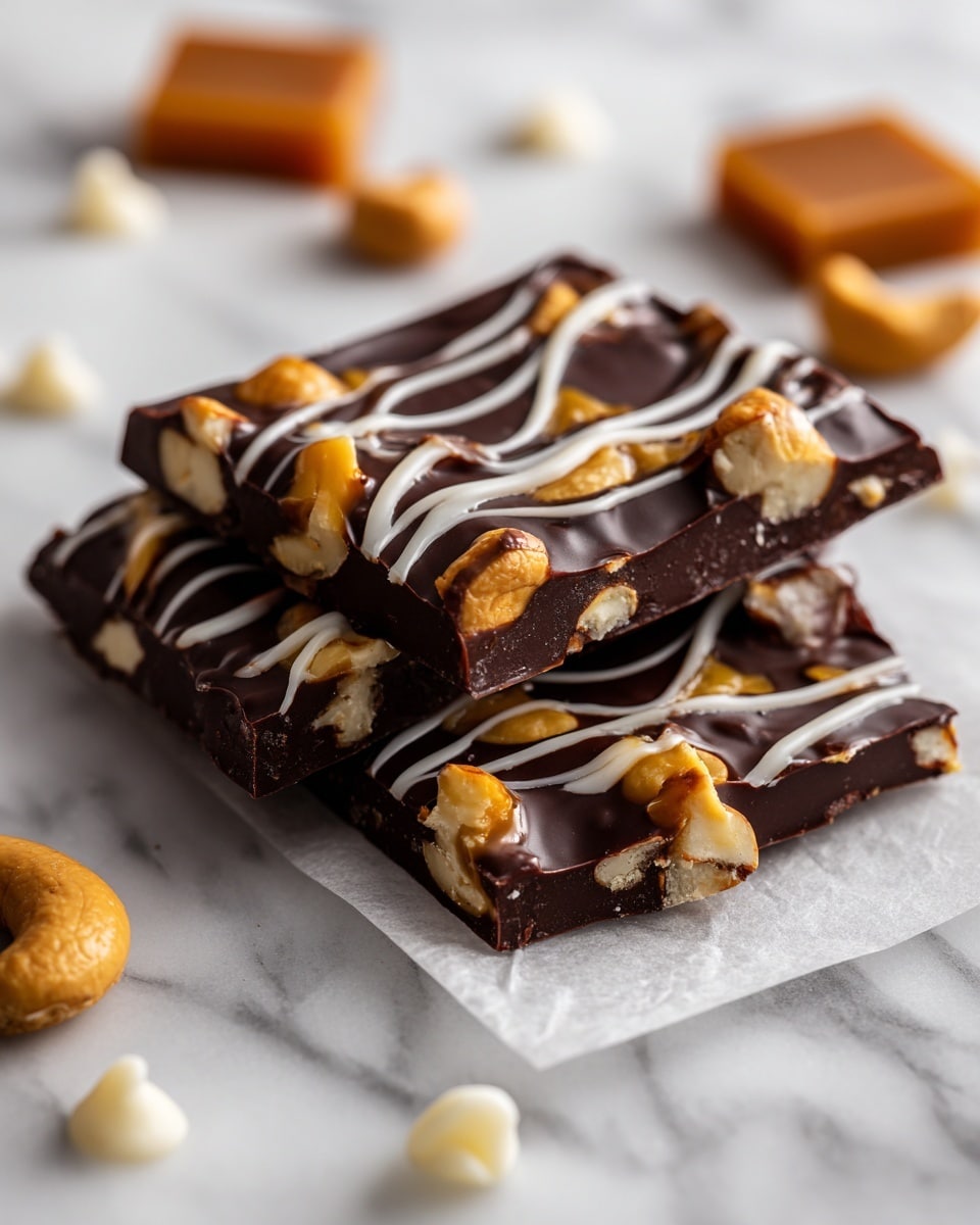 The image shows dark chocolate clusters on wax paper, each with a base layer of smooth, shiny dark chocolate topped with a mix of golden cashews and caramel pieces peeking out. The clusters are decorated with three thin, white chocolate stripes running across the top in a wavy pattern, giving a nice contrast to the dark base. The background features a few caramel squares and white chocolate chips out of focus on a white marbled surface. photo taken with an iphone --ar 4:5 --v 7