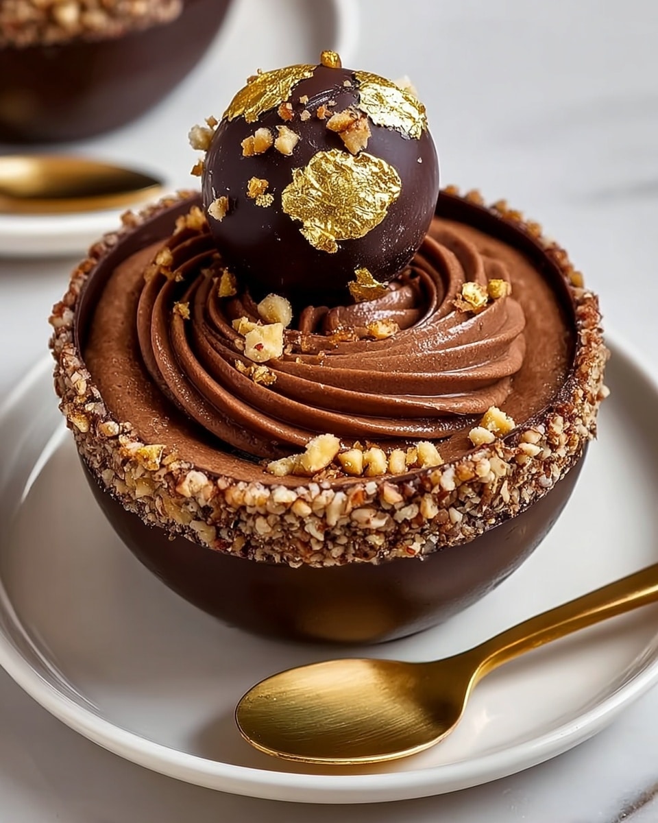 A round dessert served in a dark chocolate cup with crushed nuts coating the top edge. Inside the cup is a smooth and creamy chocolate mousse layer topped with a swirl of thick, glossy dark chocolate cream in the center. On top of the cream swirl, there is a round chocolate truffle decorated with gold foil patches. Small pieces of nuts and gold flakes are scattered over the mousse around the cream swirl. The dessert sits on a white plate with a golden spoon placed beside it on a white marbled surface. photo taken with an iphone --ar 4:5 --v 7