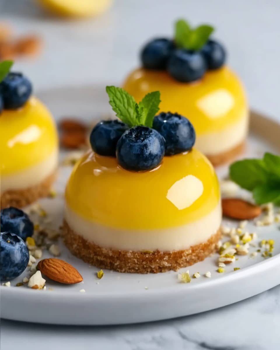 The dish shows small round cakes with three layers placed on a white plate. The bottom layer is light brown and crumbly like a biscuit base. The middle layer is a pale creamy color and smooth with a soft texture. The top layer is shiny and bright yellow, glossy like a jelly or glaze. On top of each cake are three fresh, plump blueberries and a small green mint leaf. Around the cakes on the plate are scattered crushed nuts and some almonds. The background is a white marbled surface that adds a clean and fresh look. photo taken with an iphone --ar 4:5 --v 7