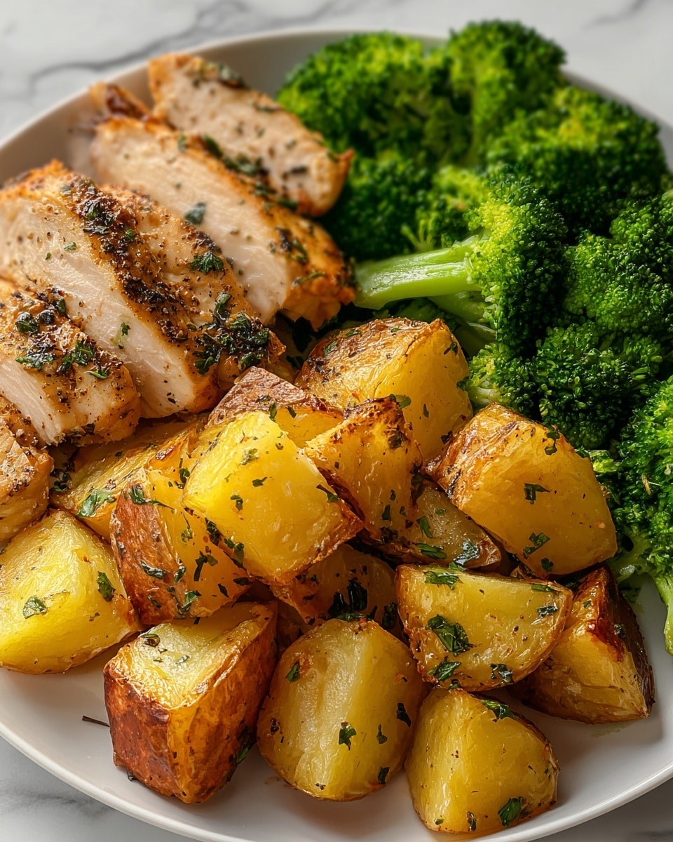 The image shows a white plate with three main layers: the front layer has golden roasted potato chunks with crispy brown edges and sprinkled with green herbs; the middle layer has three pieces of grilled chicken breast with a light brown sear and black pepper and herb seasoning on top; the back layer has bright green steamed broccoli florets with a fresh and slightly shiny texture, all placed on a white marbled surface. Photo taken with an iphone --ar 4:5 --v 7