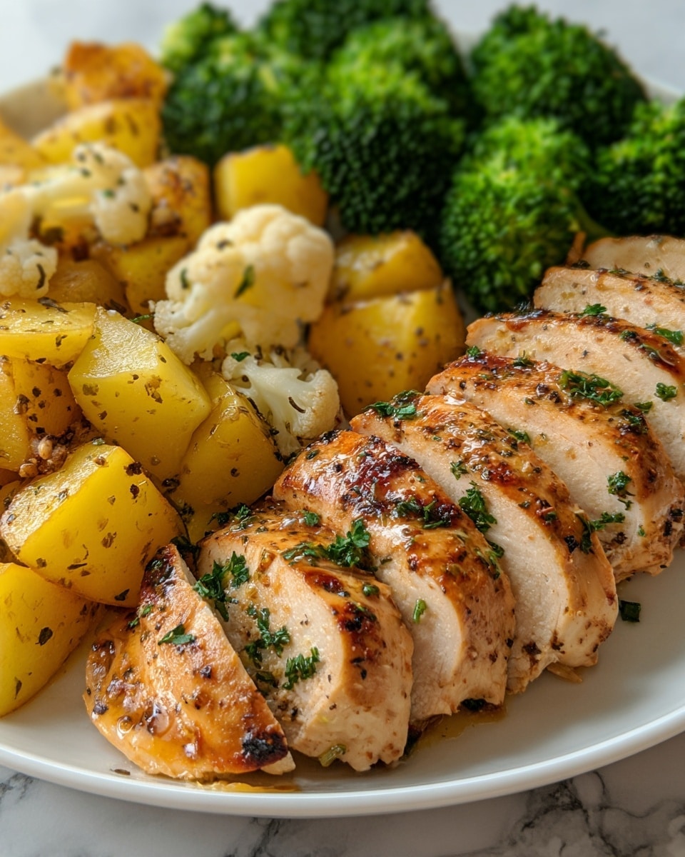A white plate holds a meal with three main parts: in the center front are five thick slices of golden-brown grilled chicken breast, sprinkled with small bits of green herbs and black pepper, with a shiny, slightly oily surface showing some grill marks; to the left are thick chunks of yellow roasted potatoes mixed with small white pieces of roasted cauliflower, all lightly dusted with herbs and black pepper; in the background on the right side sit bright green, steamed broccoli florets with a soft texture, creating a fresh contrast to the cooked items. The meal is placed on a white marbled surface. Photo taken with an iphone --ar 4:5 --v 7