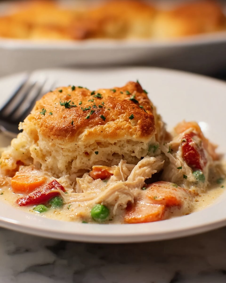 A thick, golden-brown biscuit sits on top as the main layer, crowned with small green parsley leaves. Below it is a creamy mixture filled with visible chunks of orange carrots, green peas, and shredded, tender chicken, all in a light sauce. The dish is placed in a white plate with a dark rim, all set on a white marbled surface. The background is softly blurred showing more food elements in warm lighting. photo taken with an iphone --ar 4:5 --v 7