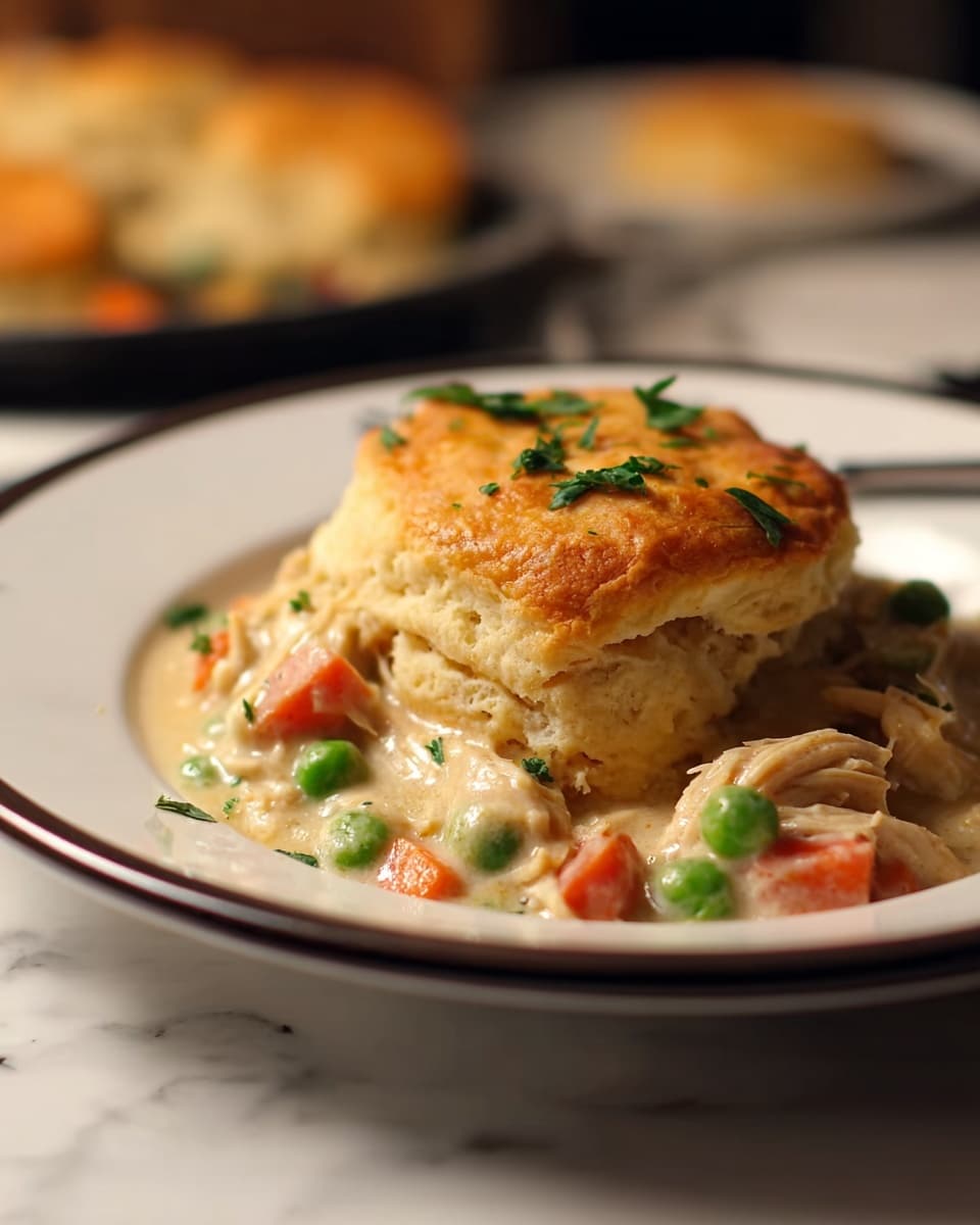A white plate holds a serving of chicken pot pie with two main layers visible: the top layer is a golden brown, flaky biscuit crust sprinkled with small green herb pieces, showing a slightly crispy, textured surface; beneath is a creamy, light beige mixture filled with shredded chicken, bright orange carrot chunks, green peas, and small red pepper pieces, all in a thick sauce that looks smooth and rich, the plate rests on a white marbled surface and a fork is partially visible on the left side. photo taken with an iphone --ar 4:5 --v 7