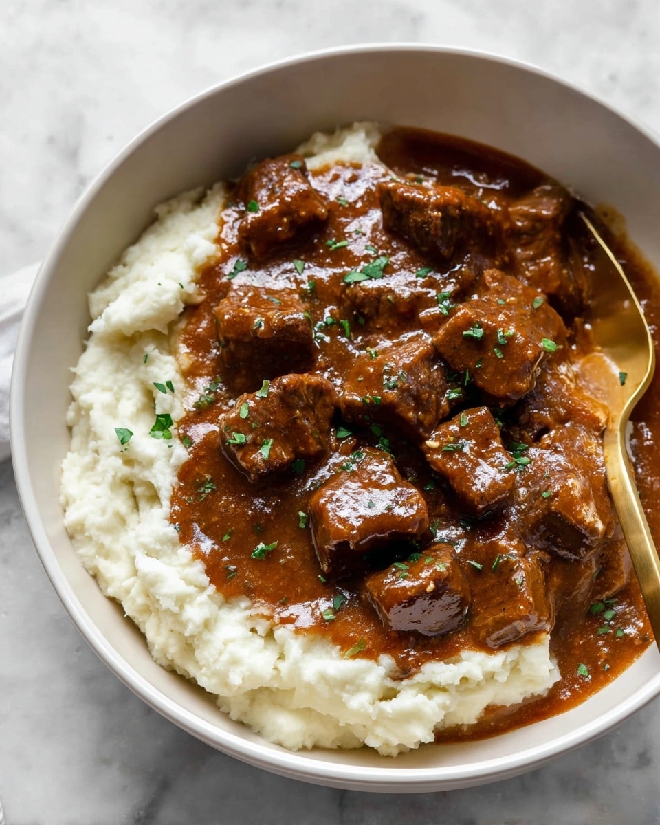 This image shows a white bowl filled with two layers of food. The bottom layer is creamy mashed potatoes, smooth and white, spread evenly to cover the base of the bowl. On top, there is a thick layer of brown beef stew with tender square pieces of meat covered in glossy gravy. The stew is sprinkled with chopped green herbs, adding a fresh contrast. A gold fork is resting inside the bowl on the right side, partially touching the food. The bowl is placed on a white marbled surface. photo taken with an iphone --ar 4:5 --v 7