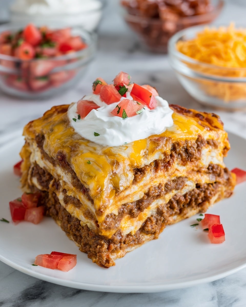 A slice of layered taco casserole sits on a white plate, showing three thick layers: a bottom crust layer, a middle layer of seasoned ground beef mixed with melted yellow and light brown cheese, and a top layer covered with more melted cheese. On top of the slice is a dollop of white sour cream with small red tomato chunks placed on it and around the plate. The background shows clear glass bowls with shredded cheese and chopped tomatoes on a white marbled surface. photo taken with an iphone --ar 4:5 --v 7