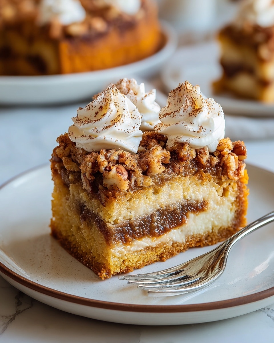 A single square slice of crumb cake sits on a white plate with a thin brown rim, placed on a white marbled surface. The cake has three visible layers: a light yellow moist inner cake layer, a thick caramel-colored syrup layer that soaks through, and a crumbly, golden-brown streusel topping. On top of the cake, there are white whipped cream dollops garnished with small chopped nuts and sprinkled cinnamon. Caramel syrup drips onto the plate around the slice, adding a glossy texture. In the blurred background, a black plate holds a larger crumb cake and an orange pumpkin is placed on the right side. Photo taken with an iphone --ar 4:5 --v 7