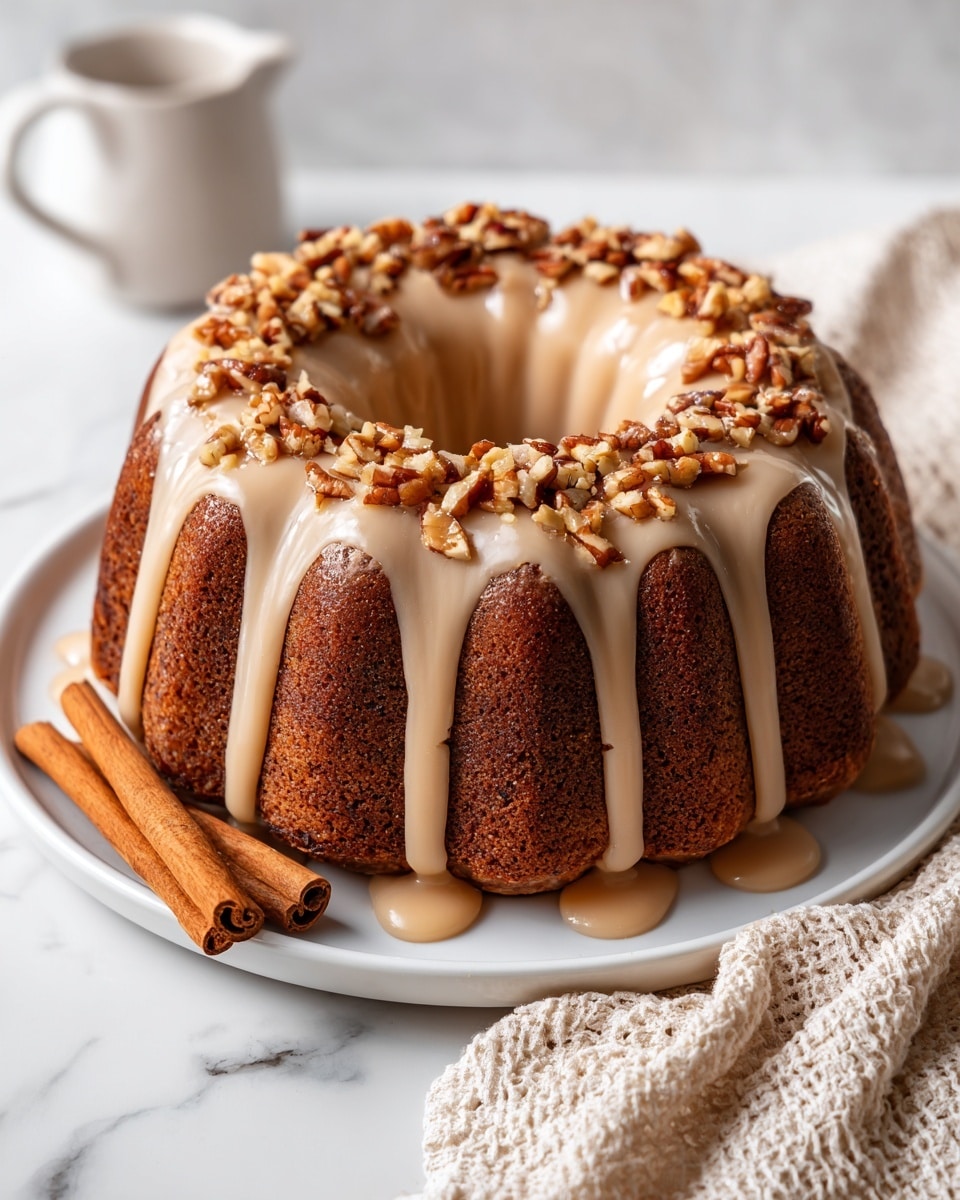 A bundt cake with a dark brown spongy texture sits on a white plate, topped with a smooth, light brown glaze that drips evenly down the ridges of the cake. Chopped nuts are sprinkled generously around the top edge of the cake, adding a rough texture and contrast in color. Two cinnamon sticks are placed on the plate next to the cake, and a cream-colored textured cloth is partially visible in the foreground, all set against a white marbled surface. photo taken with an iphone --ar 4:5 --v 7