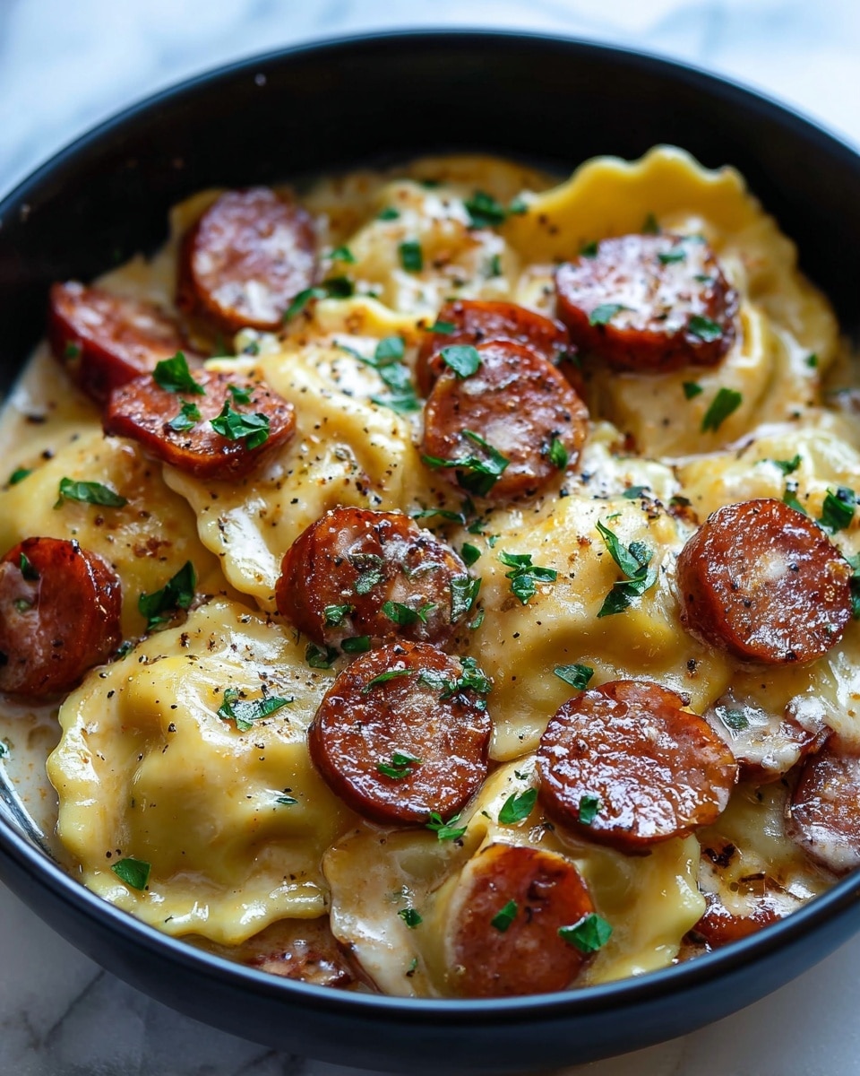 A close-up of a black bowl filled with creamy sauce topped with multiple layers of golden cooked ravioli, each with slightly browned edges, and slices of browned sausage spread evenly on top. The ravioli are soft with crimped edges, and the sausage slices have a reddish-brown color with a slightly crispy texture. The dish is sprinkled with finely chopped green herbs and black pepper to add a fresh and colorful contrast. The bowl rests on a white marbled surface. photo taken with an iphone --ar 4:5 --v 7