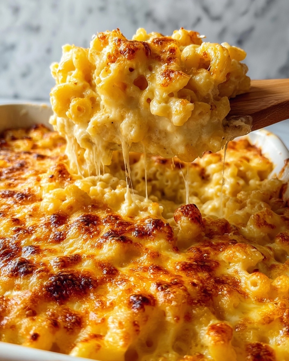A close-up view of a creamy macaroni and cheese being lifted with a wooden spatula. The dish has one visible layer of soft elbow macaroni covered in thick, melted cheese that is golden yellow with browned spots on top, showing a bubbly and slightly crispy texture. The cheese is stringy as it stretches from the main dish below, which is in a white dish, all set on a white marbled surface. photo taken with an iphone --ar 4:5 --v 7