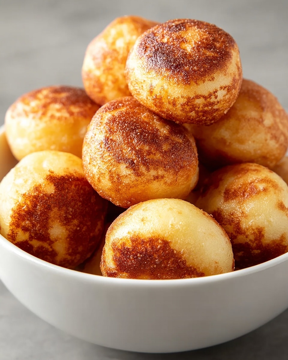 A white bowl is filled with a stack of round, golden-brown fried dough balls. Each dough ball has a crispy, browned top with a slightly rough texture, while the sides are lighter yellow and soft looking. The balls are piled close together, some slightly leaning on each other, showing their smooth, round shapes. The bowl sits on a white marbled surface, highlighting the warm colors of the fried dough balls. photo taken with an iphone --ar 4:5 --v 7