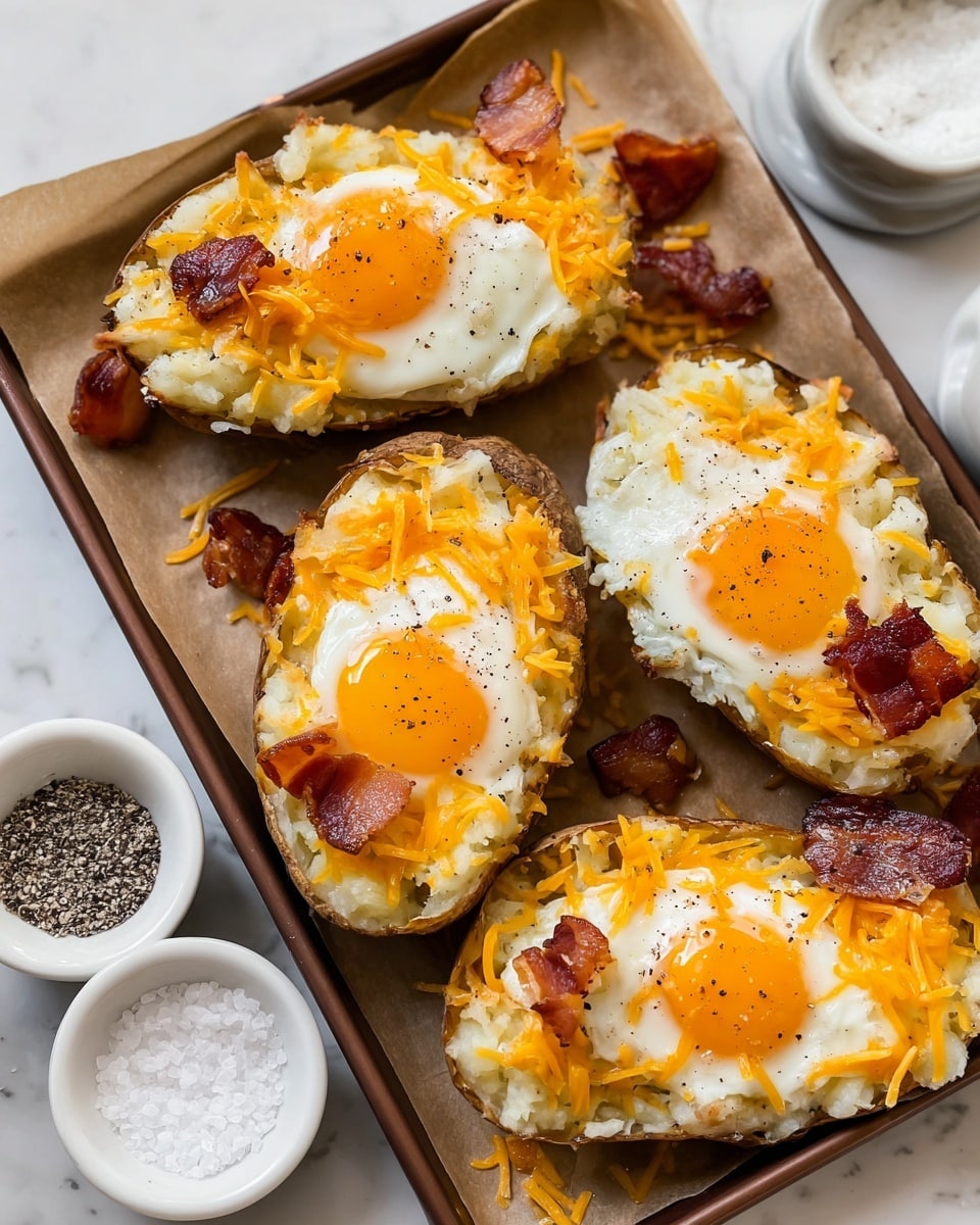 The image shows baked potato halves with three main layers: at the bottom is the brown baked potato skin holding the food, the middle layer is creamy and white mashed potato filling, and the top layer has melted orange cheddar cheese, a crispy strip of reddish-brown bacon, and a perfectly cooked egg with a bright orange yolk in the center. The eggs are sprinkled with black pepper. These potato halves are placed on a brown paper sheet on a white marbled surface next to a wooden bowl filled with coarse white salt. Photo taken with an iphone --ar 4:5 --v 7