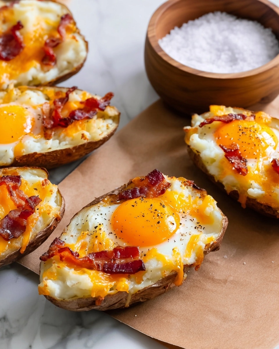 The image shows four baked potato halves placed on a brown tray lined with parchment paper, each layered with creamy mashed potatoes, melted shredded cheddar cheese scattered around the edges, a crispy strip of bacon on the side, and a sunny-side-up egg with a bright orange yolk centered on top. The eggs are sprinkled with black pepper. To the left side of the tray, there are two small white bowls, one filled with coarse salt and the other with black pepper. The scene is set on a white marbled surface. Photo taken with an iphone --ar 4:5 --v 7