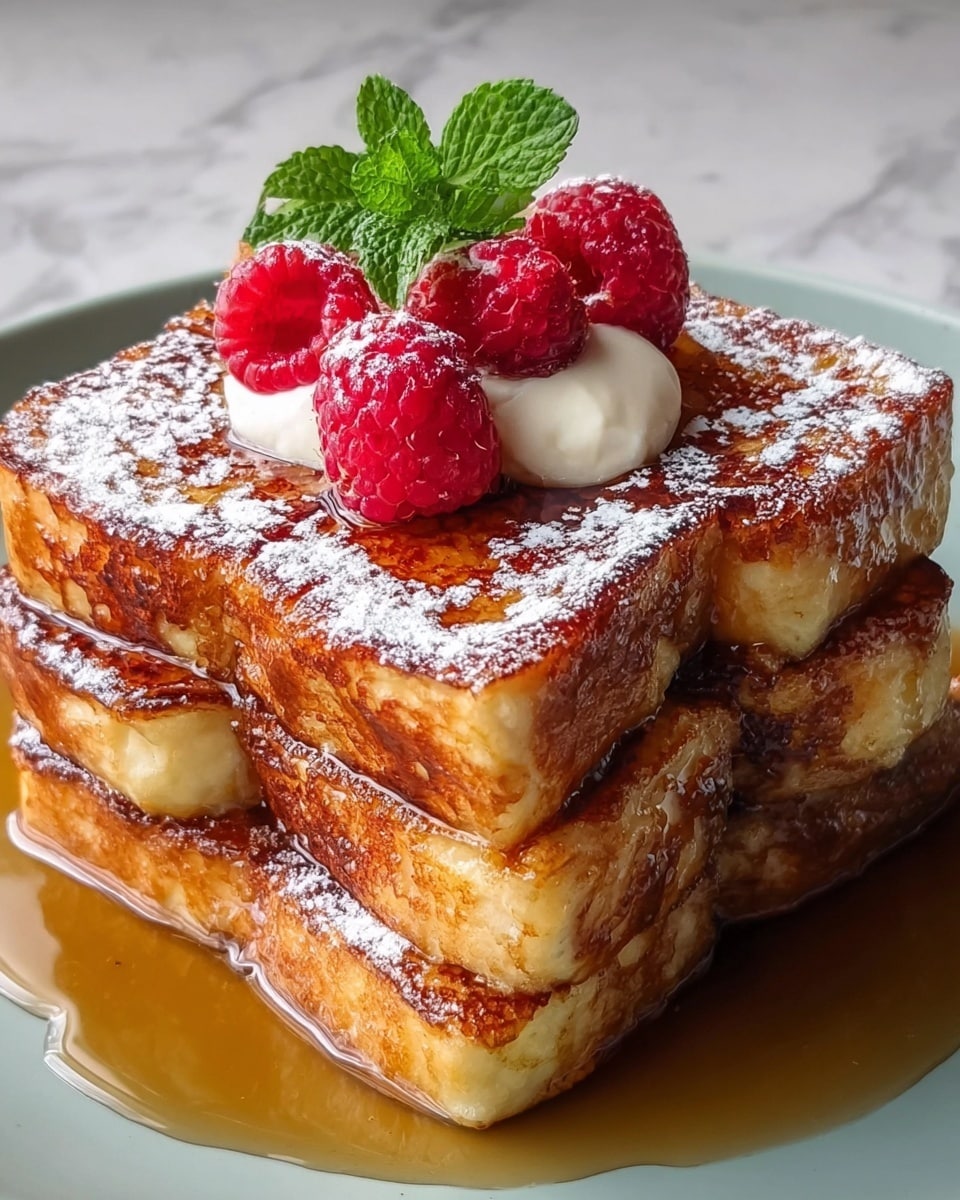 The image shows two thick, golden brown French toast squares stacked in a row on a white plate. Each toast has a visible layer of creamy white filling between two slices. The top surface is glazed with shiny syrup dripping down the sides. Three bright red strawberries with detailed textures sit on top of each toast, along with a small swirl of white cream topped with a green mint leaf on the front toast. Powdered sugar is lightly dusted over the toast and plate, with an extra strawberry resting on a pool of syrup at the front edge of the plate. The setting is on a white marbled surface. photo taken with an iphone --ar 4:5 --v 7