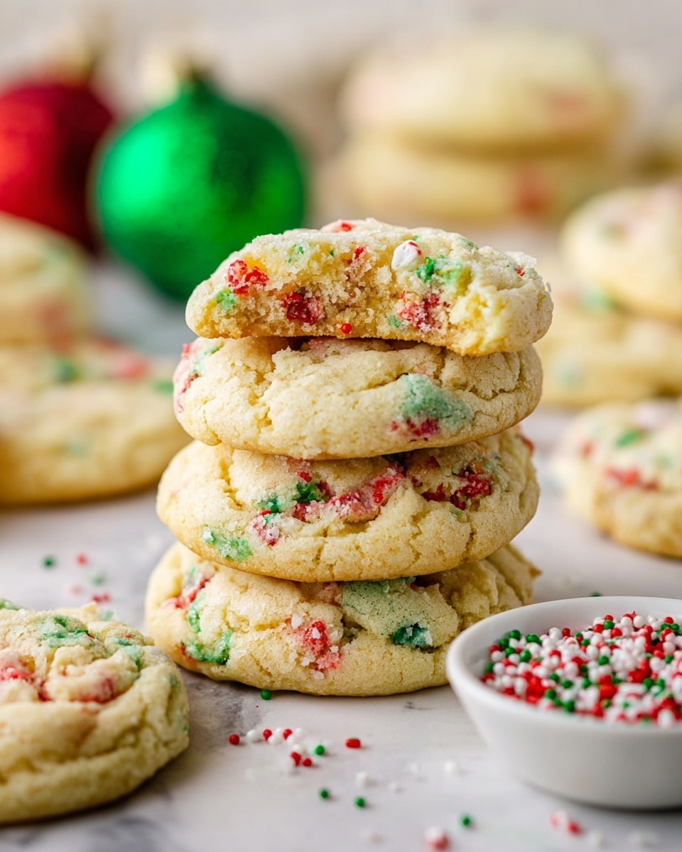 A pile of about 20 round cookies with a cracked surface, each cookie light yellow with red, green, and some blue scattered spots inside, forming a soft texture. The cookies are stacked unevenly on white marbled parchment paper. Around the cookies, there are a few red and green Christmas round ornaments, a small white bowl filled with red, white, and green sprinkles, a glass cup of milk, and part of a white cloth with red and green stripes. The scene looks festive and bright. Photo taken with an iphone --ar 4:5 --v 7