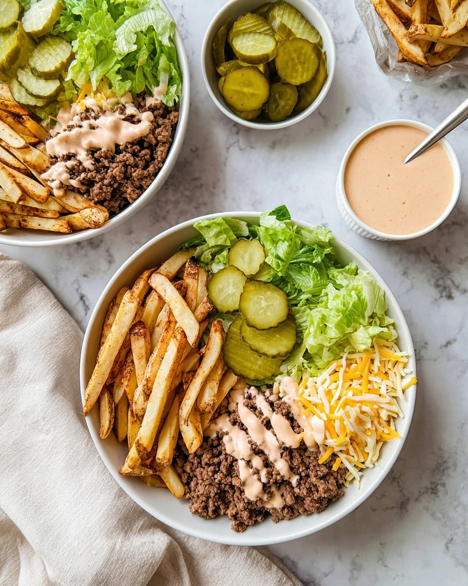 The image shows a white bowl with four main layers: on the bottom left, thick golden brown seasoned fries; to the right of the fries, a small pile of light yellow shredded cheese; on the right side covering almost half the bowl, browned ground beef drizzled with a light pink creamy sauce; on the top left and top center, bright green chopped lettuce with three slices of green pickles placed on top. Nearby, there is a white bowl filled with more crispy fries, a small white bowl holding extra pickle slices, and a white cup with creamy pink sauce. The setting is on a white marbled surface with a cream-colored cloth napkin. photo taken with an iphone --ar 4:5 --v 7
