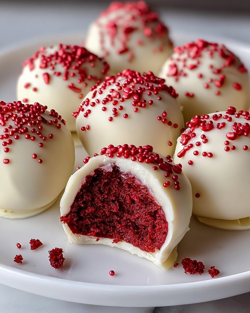 A group of smooth, round cake balls arranged on a white plate set on a white marbled surface. Each cake ball has two layers: a deep red, moist crumb interior visible in one bitten cake ball in the center, and a thick, creamy white chocolate coating on the outside. The top of each ball is dotted with small, shiny red sprinkles that add texture and color contrast. The cake balls are evenly spaced, with crumbs scattered lightly around the bitten one. photo taken with an iphone --ar 4:5 --v 7