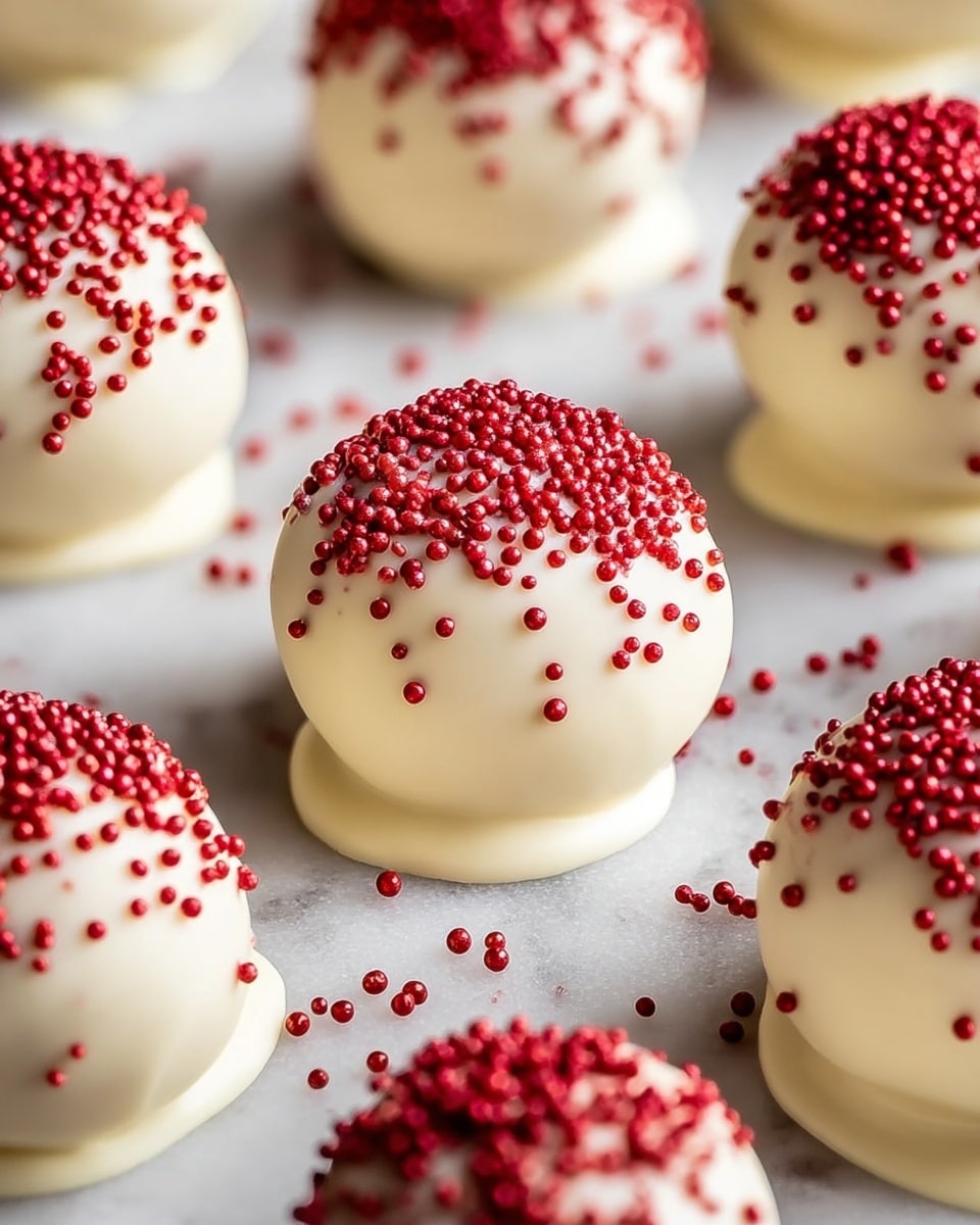 A close-up view of several smooth, round white chocolate truffles placed on a white marbled surface, each with a thick, creamy white chocolate coating. The tops of the truffles are generously covered with small, bright red round sprinkles, giving a textured and festive look. The truffles sit closely together, showing small pools of melted white chocolate base beneath some of them, with a few loose red sprinkles scattered around on the white marbled surface. The lighting highlights the glossy finish of the white chocolate and the contrast of the red sprinkles. photo taken with an iphone --ar 4:5 --v 7