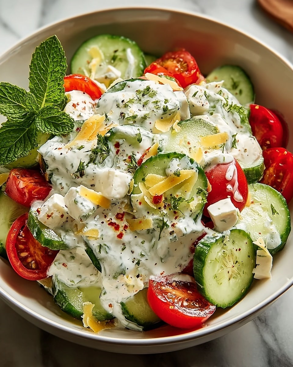A fresh salad served in a white bowl filled with thin green cucumber slices forming the base layer. On top, there are halved bright red cherry tomatoes mixed with small green herb pieces and white creamy dressing drizzled generously over them. Small chunks of soft white cheese are scattered throughout the salad, adding texture. Shredded light yellow cheese pieces are sprinkled on the top, along with finely ground black pepper and tiny red flakes for extra detail. A small green mint leaf sits on top as garnish. The bowl is placed on a white marbled surface. photo taken with an iphone --ar 4:5 --v 7