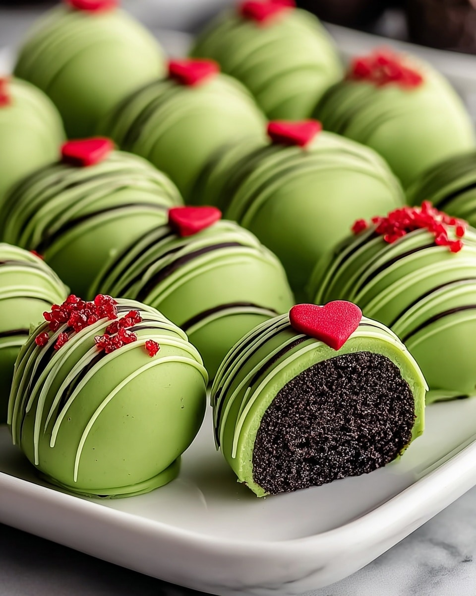 The image shows green round cake balls arranged in rows on a white plate that sits on a white marbled surface. Each cake ball has a smooth, bright green outer coating with thin lighter green lines drizzled on top and small red sugar crystals as decoration on one side, adding texture and color contrast. One cake ball at the front is cut in half, revealing a crumbly dark chocolate interior. Another cake ball in the front row has a small red heart decoration on top, standing out among the others. The arrangement is neat and the close-up angle highlights the smoothness and vibrant colors of the cake balls. photo taken with an iphone --ar 4:5 --v 7