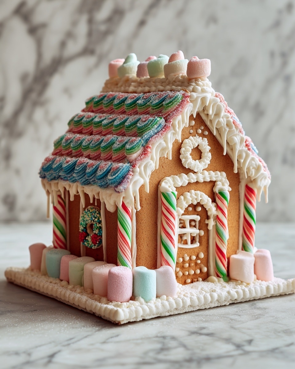 The image shows a gingerbread house with a base layer of brown gingerbread forming the walls and roof structure. The roof is decorated with multiple rows of wavy, colorful sour candy strips in green, red, and blue, creating a textured, tiled effect. Thick white icing lines run along the edges of the roof, appearing fluffy and soft. The front wall has two candy cane pillars made with red, white, and green stripes, framing a small brown gingerbread door with white icing details on top and a white dot in the center. Above the door is a white icing swirl and a small green icing wreath with a red dot in the middle. The base around the house is decorated with white icing stepped like snow and topped with an alternating line of pastel mini marshmallows. A pink and blue marshmallow stands upright near the front on the left side. The house sits on a flat surface with a white marbled texture. Photo taken with an iphone --ar 4:5 --v 7