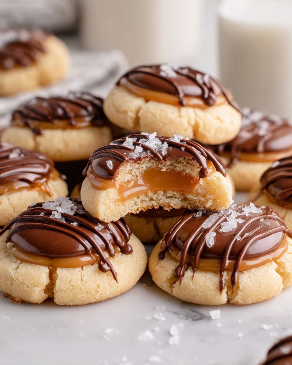 The image shows a pile of round thumbprint cookies on a white marbled surface. Each cookie has three layers: the base is a light golden-brown soft cookie, the middle layer is a smooth, glossy caramel filling centered on top, and the top layer is thin drizzles of dark chocolate crossing diagonally over the caramel. Scattered flakes of sea salt are sprinkled on the caramel, adding texture and contrast. One cookie near the center is slightly raised and has a bite taken from it, showing the soft, crumbly inside. In the blurred background, there are glasses of milk. photo taken with an iphone --ar 4:5 --v 7