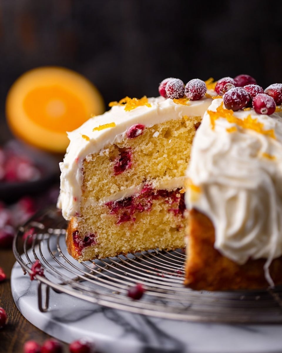A slice of a moist yellow cake with red berries inside sits on a round wire cooling rack, showing its soft texture and berry-filled layers. The cake is covered on top with a thick layer of white creamy frosting, swirled and textured, with a few whole red berries and orange zest pieces on it. More whole berries are scattered around the cake slice. The background is dark with a white marbled surface under the rack, and there is a halved orange blurred in the background. Photo taken with an iphone --ar 4:5 --v 7