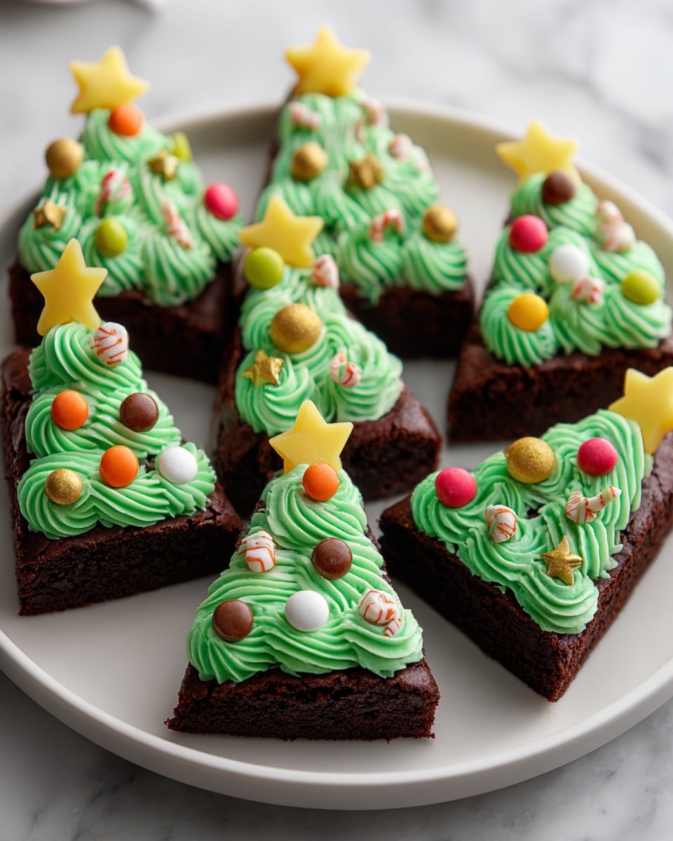 A white plate holds eight triangular brownie pieces, each topped with bright green frosting shaped into Christmas trees using swirled layers that create a soft textured look. Each tree is decorated with colorful round candies in shades of red, orange, yellow, green, white, and brown, along with tiny gold balls, white stars, gold stars, and candy cane pieces that add detail and color contrast. On top of each tree is a yellow star-shaped candy standing upright, completing the festive look. The plate sits on a white marbled surface that enhances the rich dark brown of the brownies and the vibrant green frosting. photo taken with an iphone --ar 4:5 --v 7