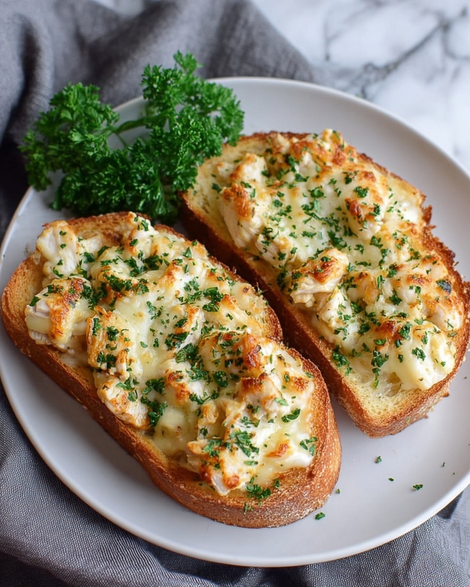 Two slices of toasted bread topped with a layer of cooked white chicken chunks, covered evenly by melted, golden-brown cheese sprinkled with chopped green herbs, all arranged on a white plate with a small bunch of green parsley on the side, set on a white marbled surface with a gray cloth underneath. photo taken with an iphone --ar 4:5 --v 7