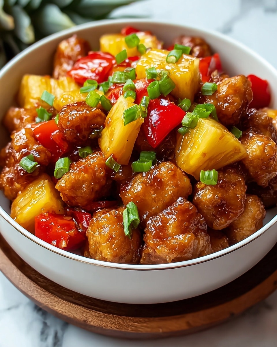 A close-up of a white bowl filled with a bed of white rice at the bottom layer, topped with a mix of glossy, caramelized chicken pieces in a dark brown sauce with slightly charred edges. Scattered among the chicken are small bright yellow pineapple chunks and red bell pepper pieces, adding vibrant color contrast. The dish is sprinkled with fresh chopped green onions, giving a fresh green touch on top. The bowl sits on a white marbled texture surface and a dark cloth napkin is partially visible on the side. Photo taken with an iphone --ar 4:5 --v 7