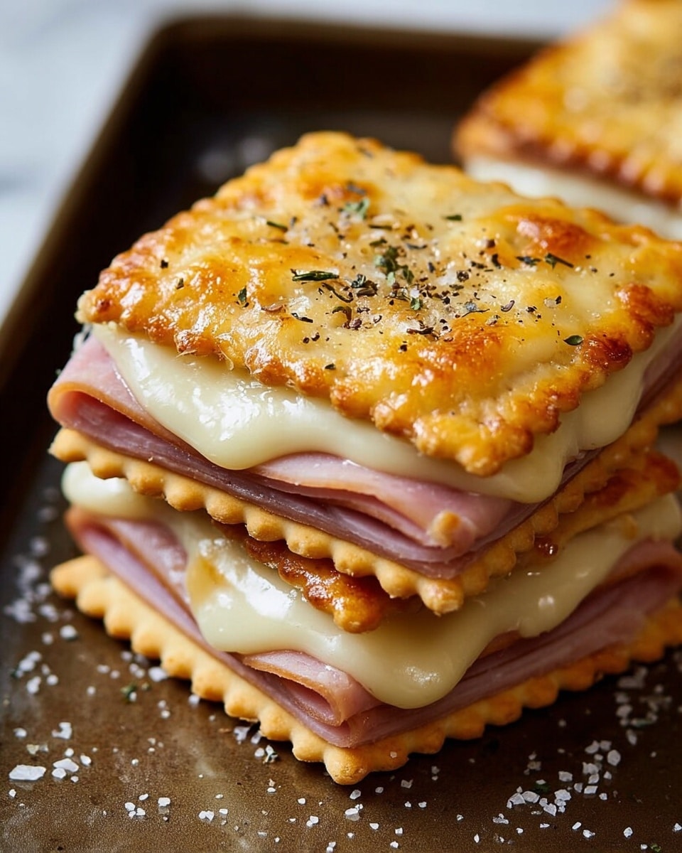 A close-up view of a small stack featuring three layers of square golden-brown crackers with a slightly crispy texture and scalloped edges. Between each cracker is a layer of melted creamy white cheese, oozing slightly over the edges, and thin round slices of pinkish ham. The top layer of cheese is browned and bubbly, sprinkled with cracked black pepper and small green herb flakes. The stack sits on a dark baking tray with some coarse salt scattered around, all set against a white marbled surface. Photo taken with an iphone --ar 4:5 --v 7