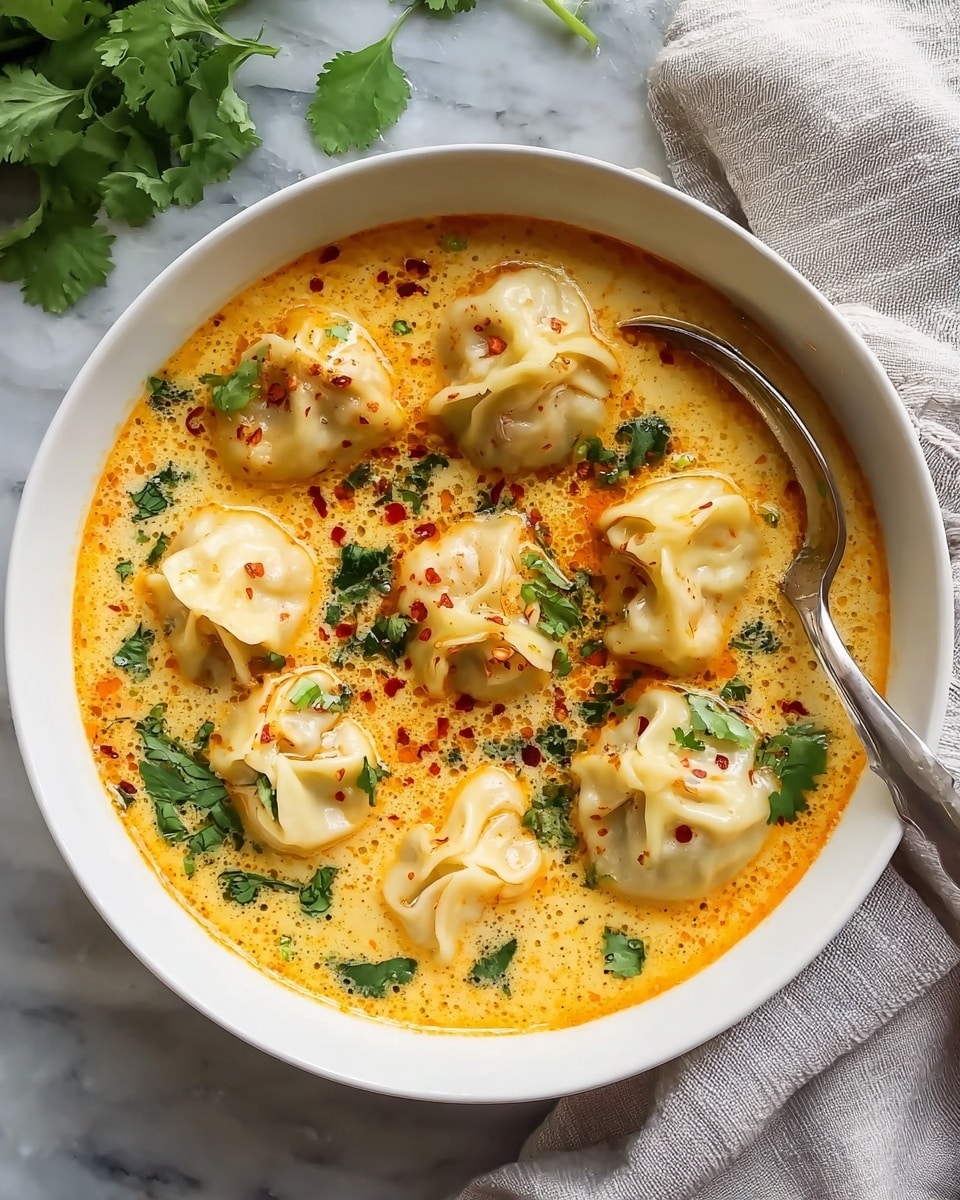 A white bowl filled with a bright orange, creamy soup with small red oil droplets spread on top. Six folded dumplings with pale yellow dough float evenly in the soup, each with a pinched, flower-like shape. Scattered fresh green cilantro leaves and finely chopped herbs rest on the surface, adding contrast. A silver spoon rests inside the bowl on the right side. The bowl sits on a white marbled surface with a light gray cloth nearby and some cilantro leaves scattered around. Photo taken with an iphone --ar 4:5 --v 7